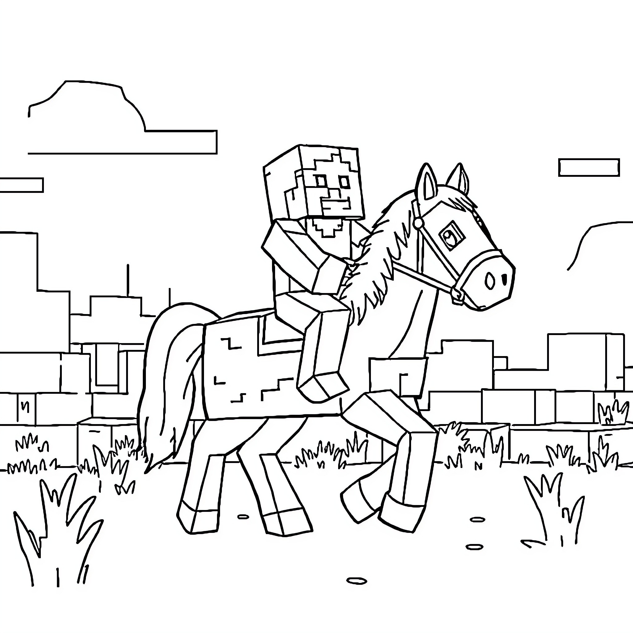 Minecraft Character riding on a horse in the field Coloring Page (free black-and-white line drawing printable PDF for all, from beginners to advanced learners, including children, teens, adults, and seniors)