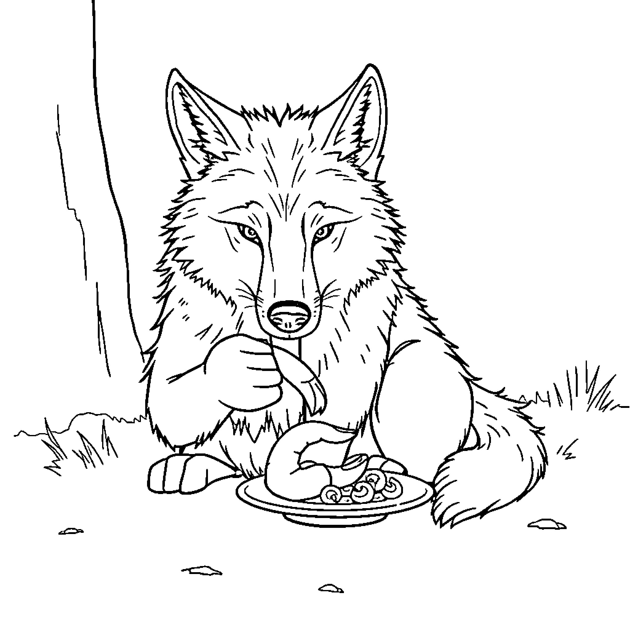 Wolf enjoying a hearty meal in nature Coloring Page (free black-and-white line drawing printable PDF for all, from beginners to advanced learners, including children, teens, adults, and seniors)