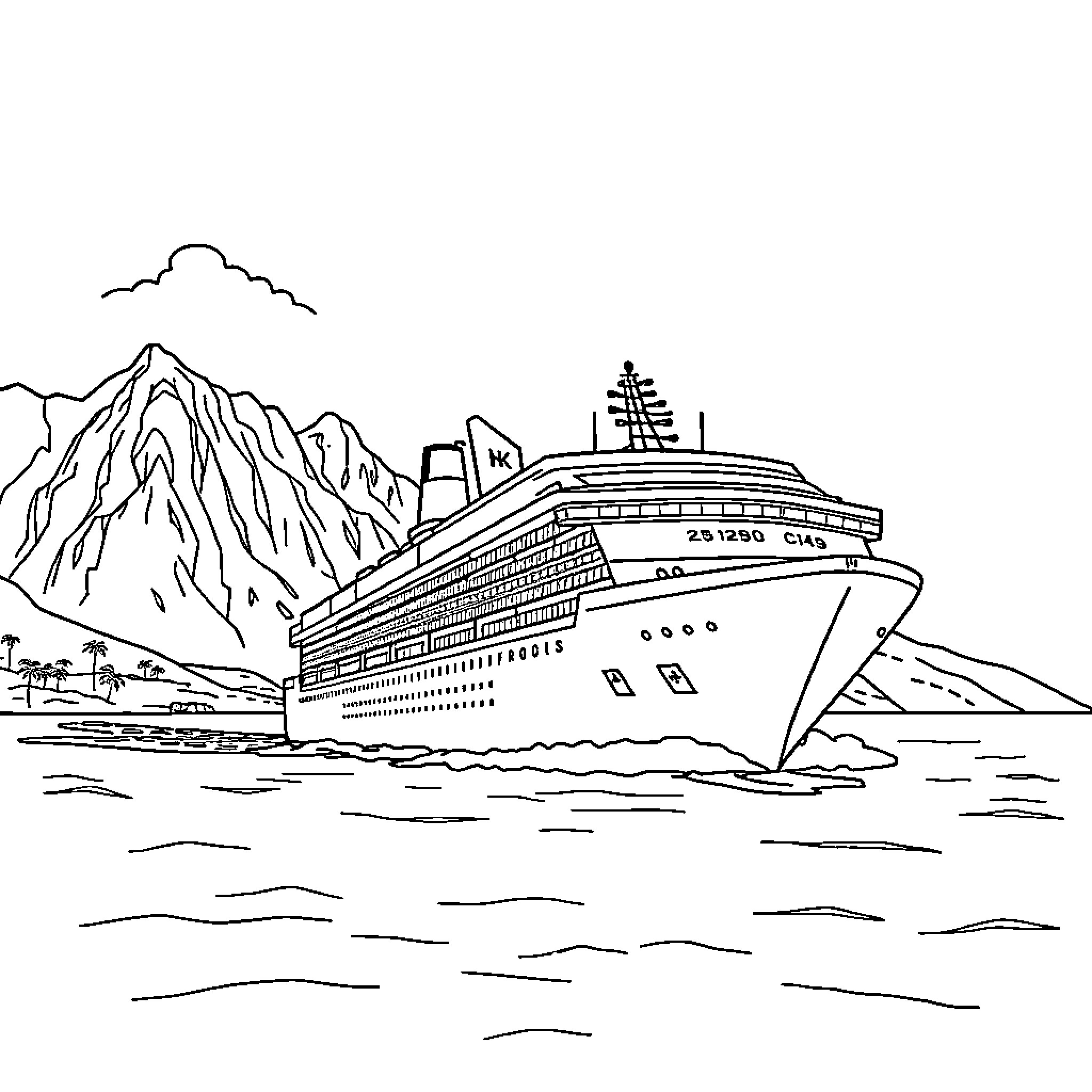 Cruise Ship Docked in Scenic Coastal Setting Coloring Page (free black-and-white line drawing printable PDF for all, from beginners to advanced learners, including children, teens, adults, and seniors)