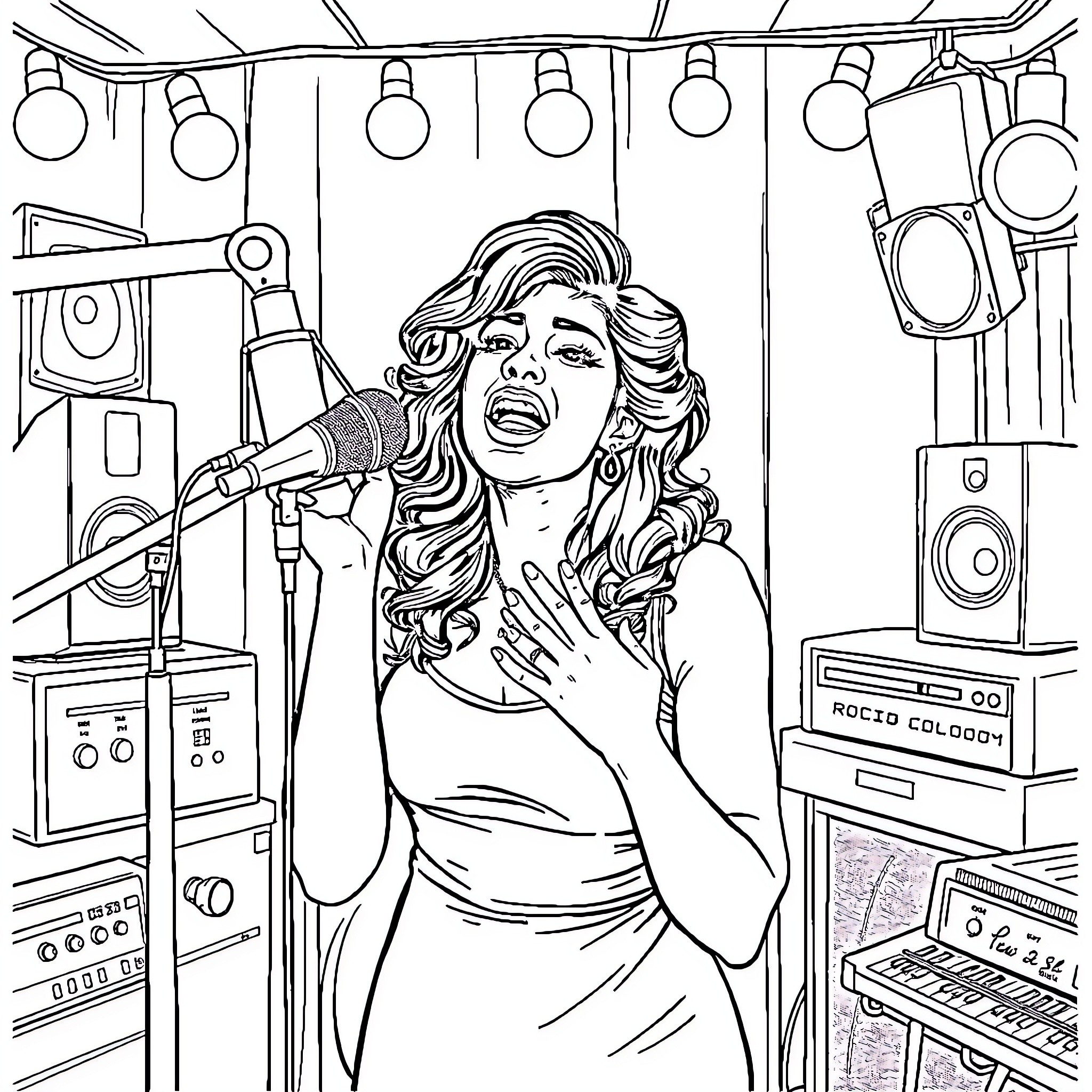 Amy Winehouse Performing on Stage Coloring Page (free black-and-white line drawing printable PDF for all, from beginners to advanced learners, including children, teens, adults, and seniors)