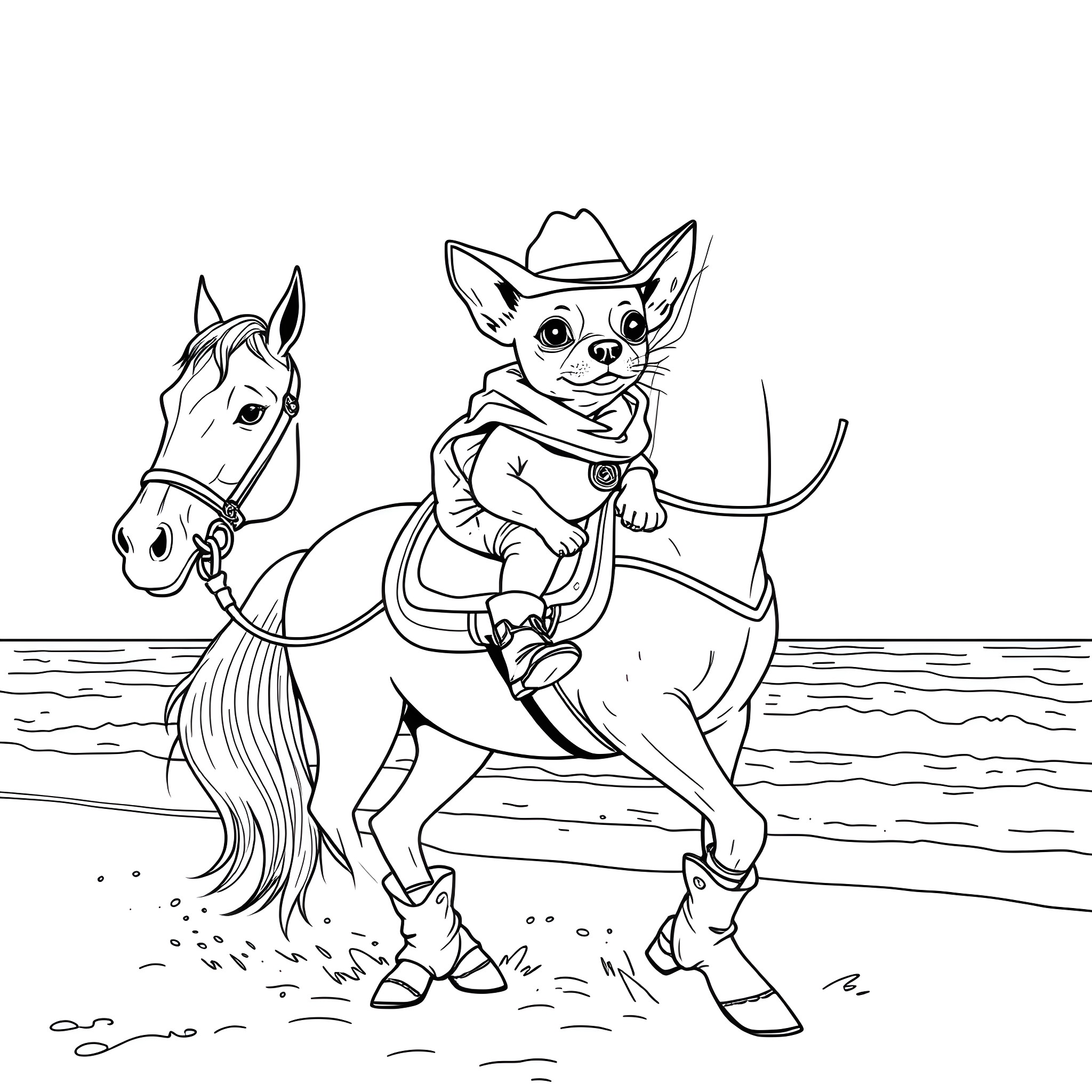Chihuahua riding a horse in the countryside Coloring Page (free black-and-white line drawing printable PDF for all, from beginners to advanced learners, including children, teens, adults, and seniors)