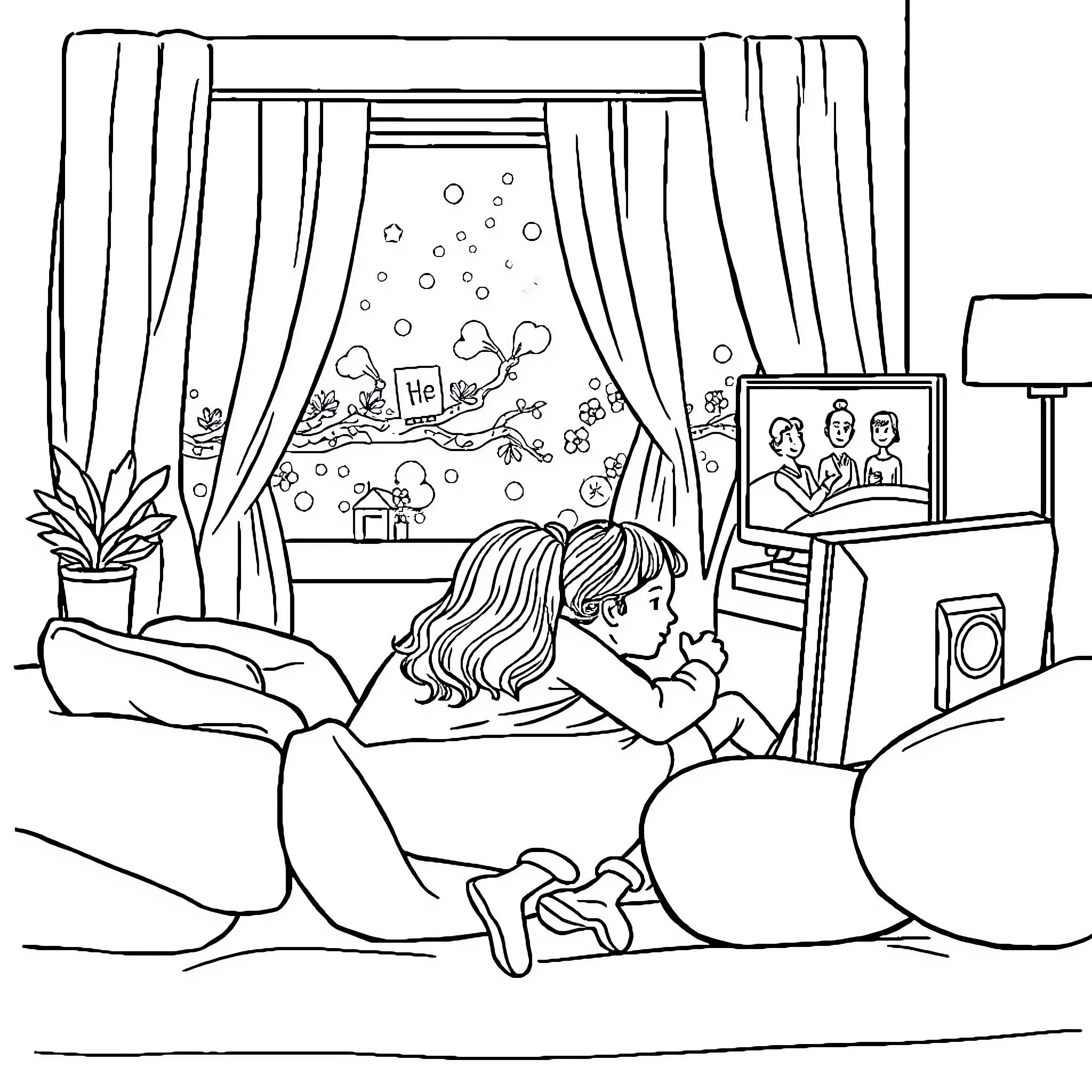 Mom and kids watching TV on cozy winter evening Coloring Page (free black-and-white line drawing printable PDF for all, from beginners to advanced learners, including children, teens, adults, and seniors)