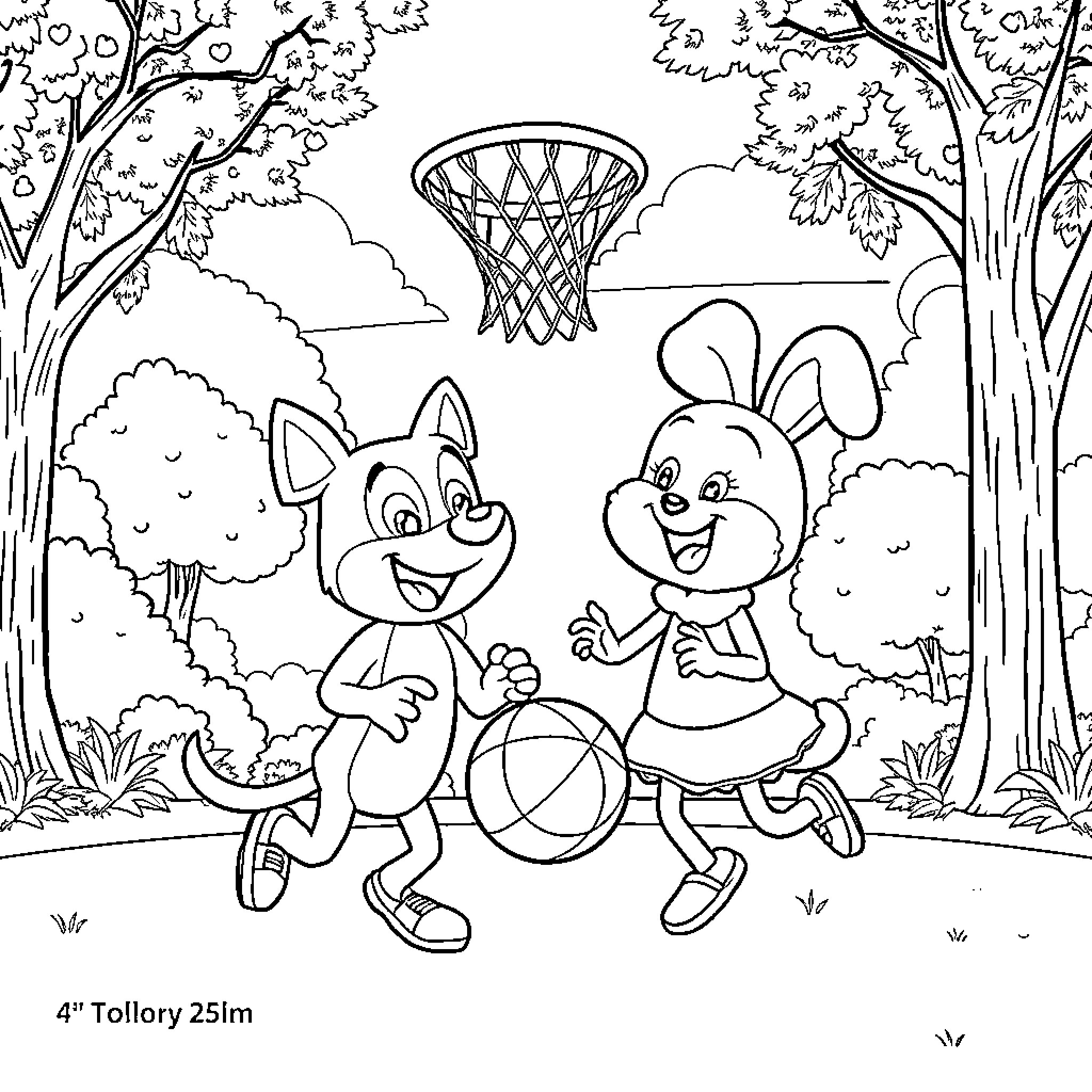 Bluey and Bingo playing basketball in the forest Coloring Page (free black-and-white line drawing printable PDF for all, from beginners to advanced learners, including children, teens, adults, and seniors)