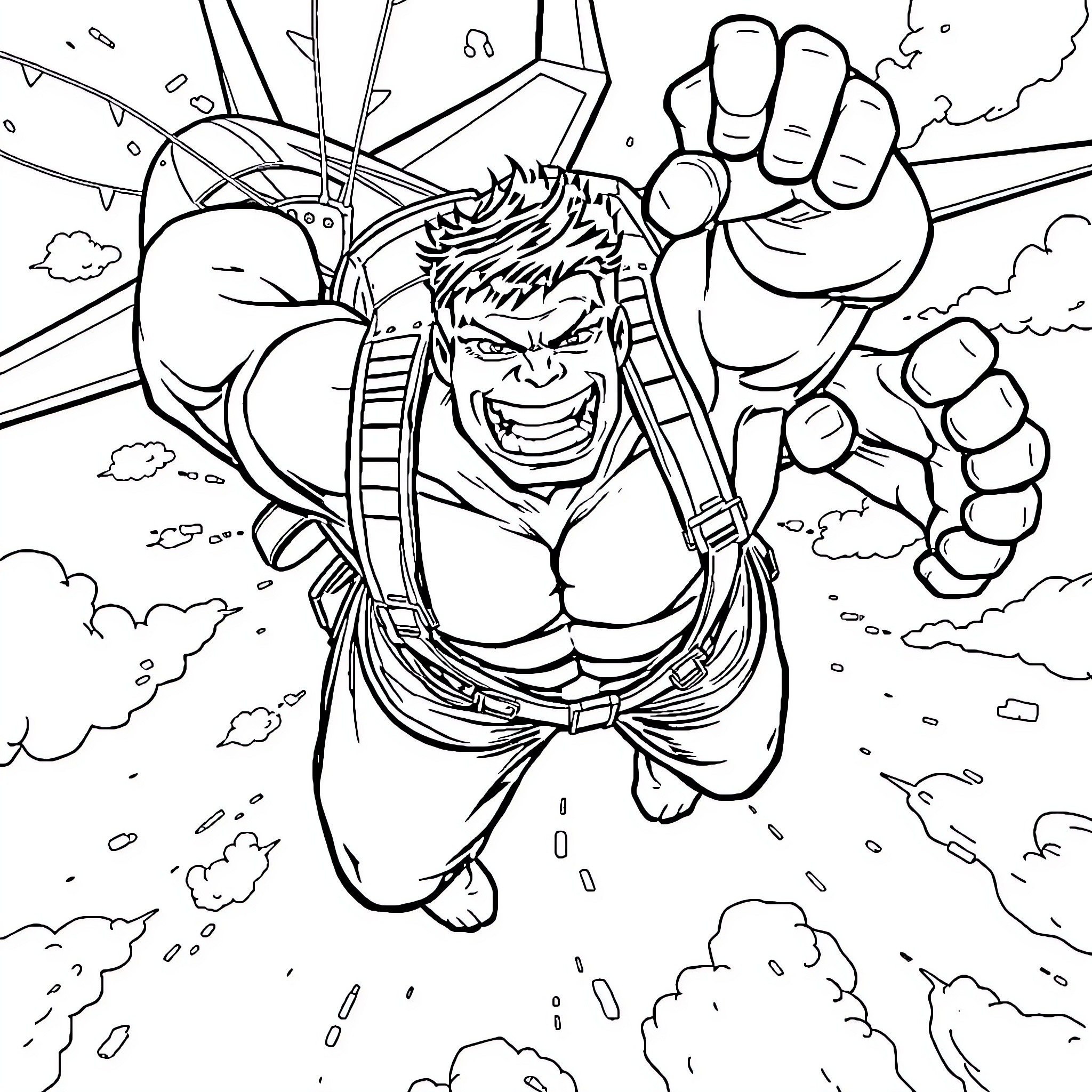 Hulk Smashing Through the City Coloring Page (free black-and-white line drawing printable PDF for all, from beginners to advanced learners, including children, teens, adults, and seniors)
