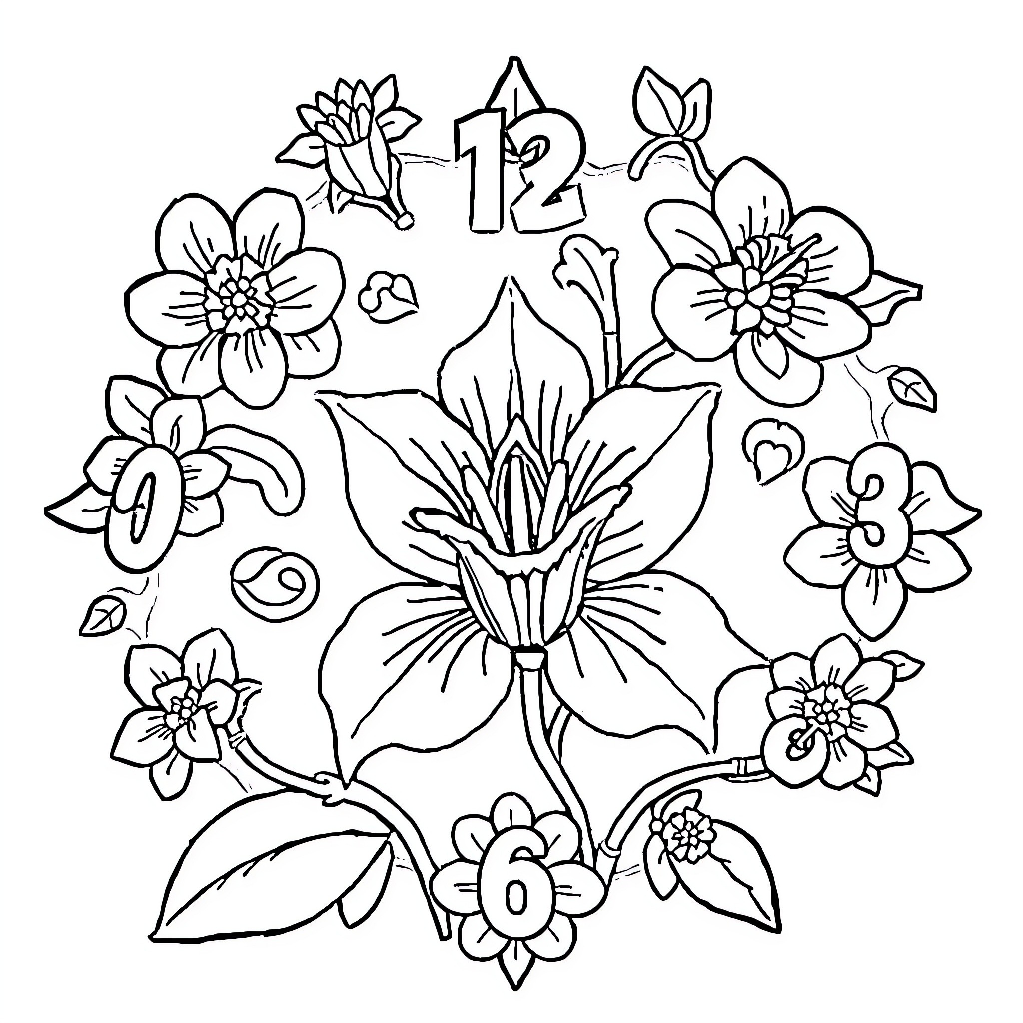 Flower pattern with numbers and floral elements Coloring Page (free black-and-white line drawing printable PDF for all, from beginners to advanced learners, including children, teens, adults, and seniors)
