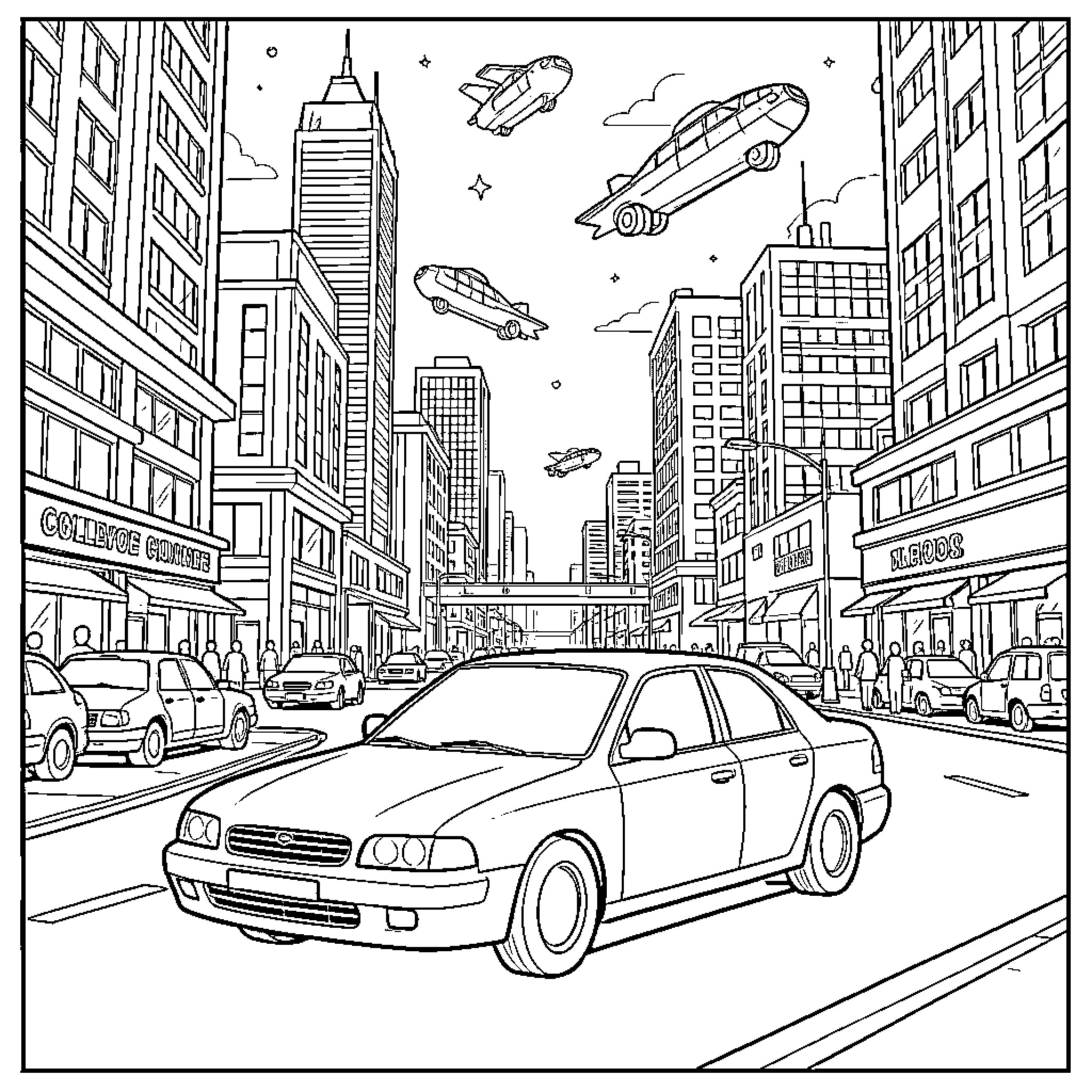 Car driving through a busy futuristic city street Coloring Page (free black-and-white line drawing printable PDF for all, from beginners to advanced learners, including children, teens, adults, and seniors)