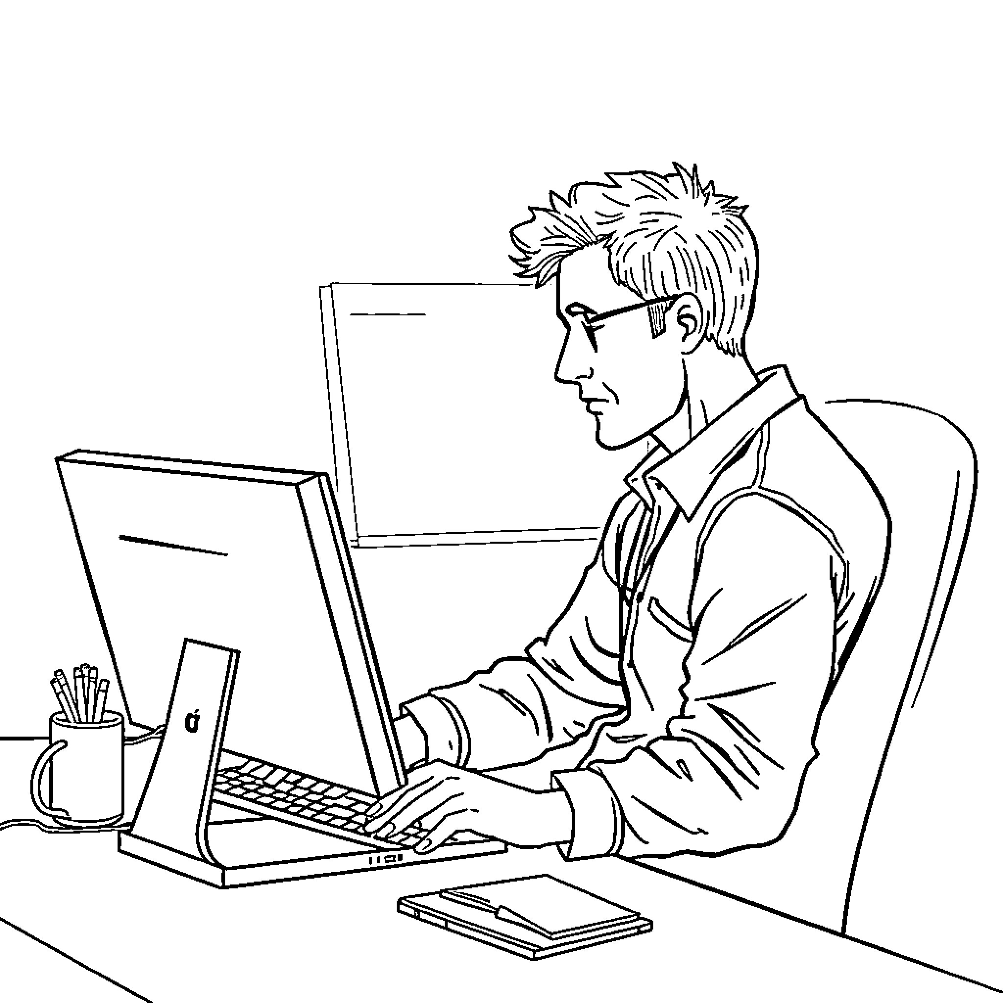 Carlo Acutis working diligently on a computer Coloring Page (free black-and-white line drawing printable PDF for all, from beginners to advanced learners, including children, teens, adults, and seniors)