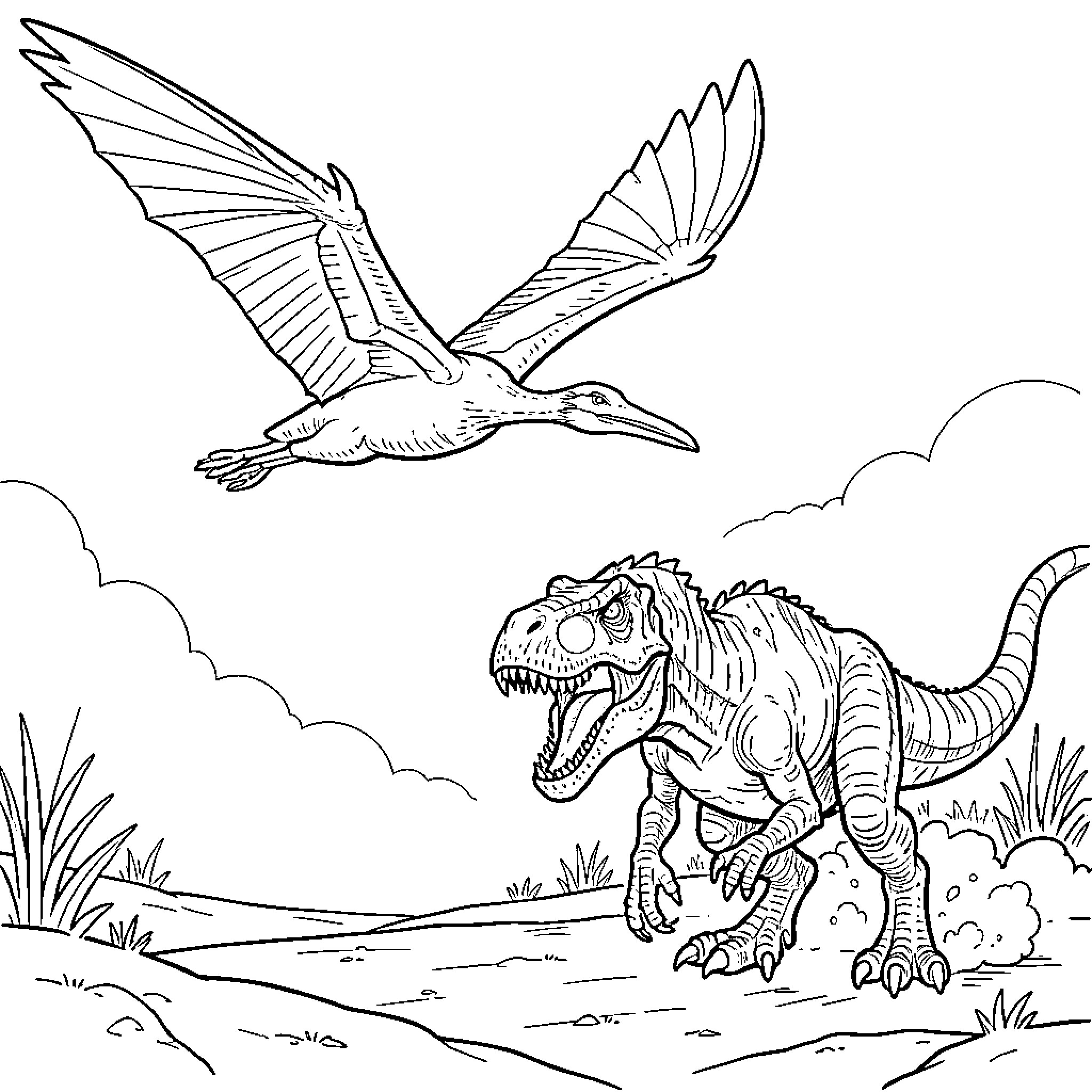 Pteranodon flying over a roaring dinosaur Coloring Page (free black-and-white line drawing printable PDF for all, from beginners to advanced learners, including children, teens, adults, and seniors)