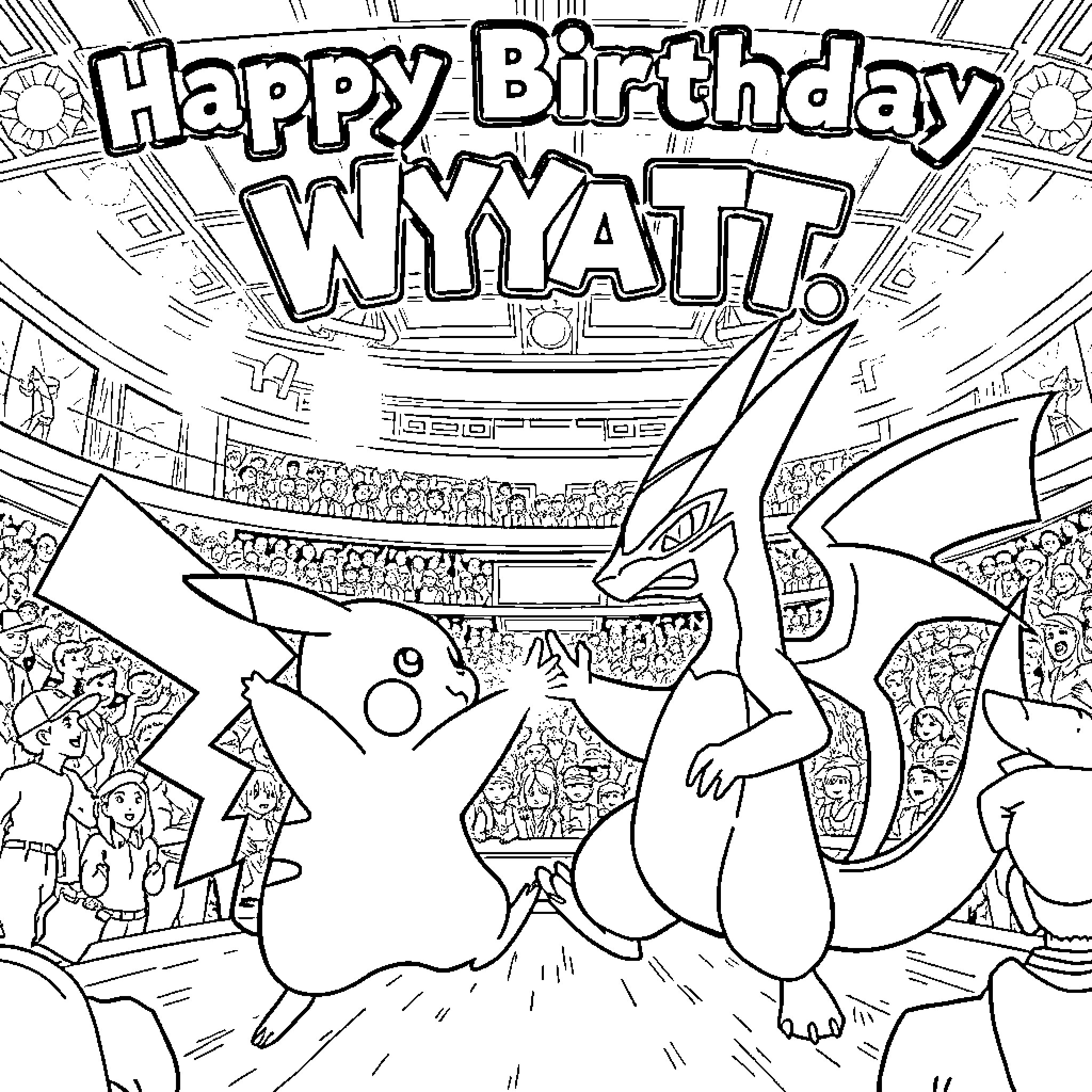 Pikachu Celebrates Wyatt's Happy Birthday Party Coloring Page (free black-and-white line drawing printable PDF for all, from beginners to advanced learners, including children, teens, adults, and seniors)