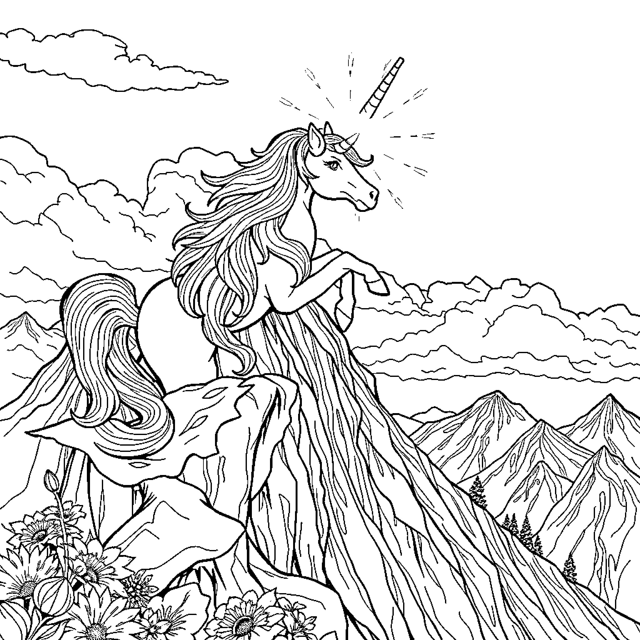 Unicorn standing majestically on mountain peak Coloring Page (free black-and-white line drawing printable PDF for all, from beginners to advanced learners, including children, teens, adults, and seniors)