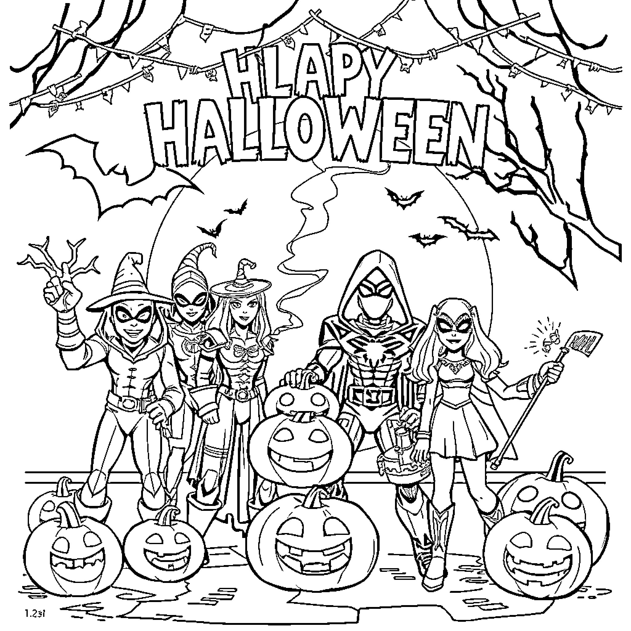 Marvel Superheroes Celebrate Halloween Coloring Page (free black-and-white line drawing printable PDF for all, from beginners to advanced learners, including children, teens, adults, and seniors)