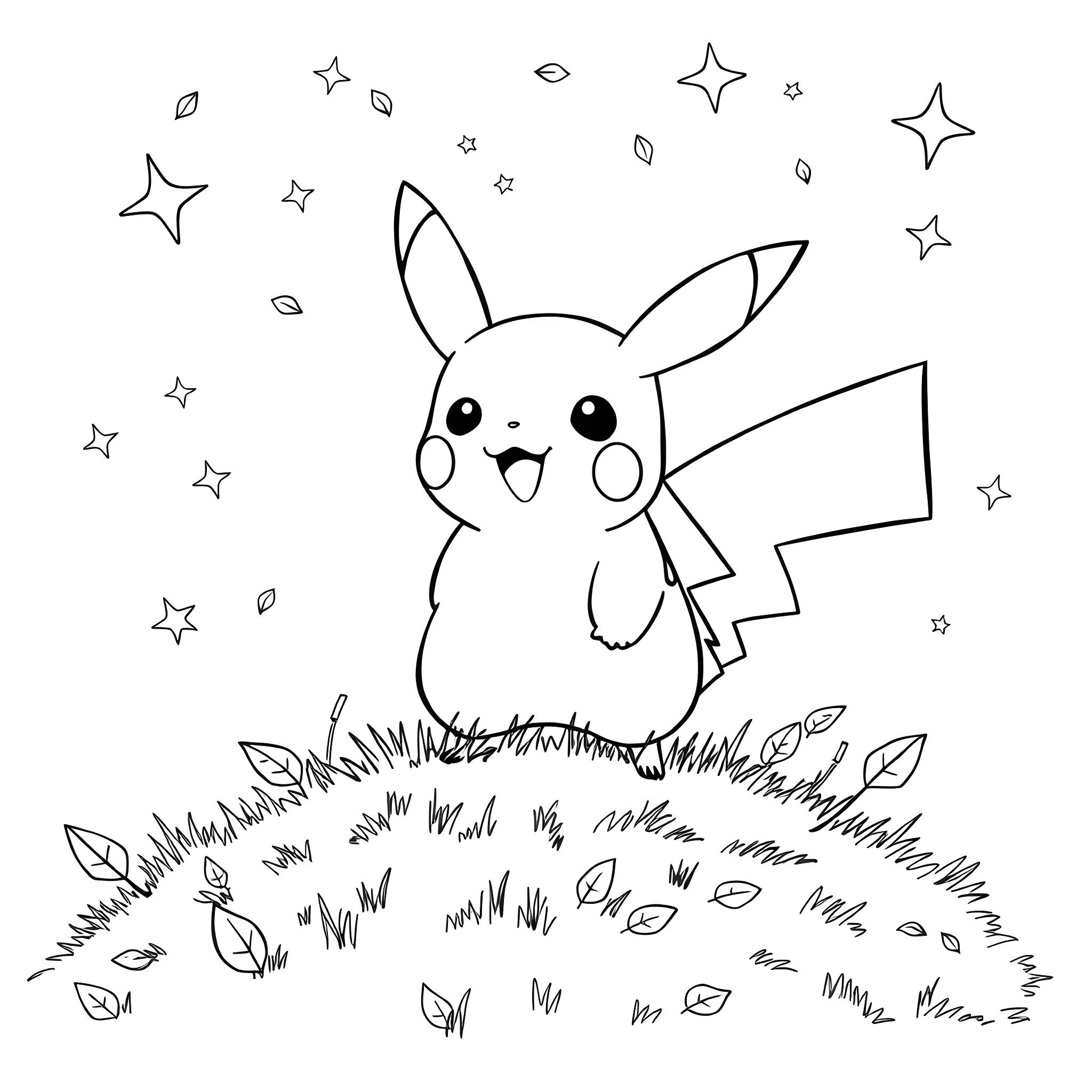 Pikachu playing happily in the field Coloring Page (free black-and-white line drawing printable PDF for all, from beginners to advanced learners, including children, teens, adults, and seniors)