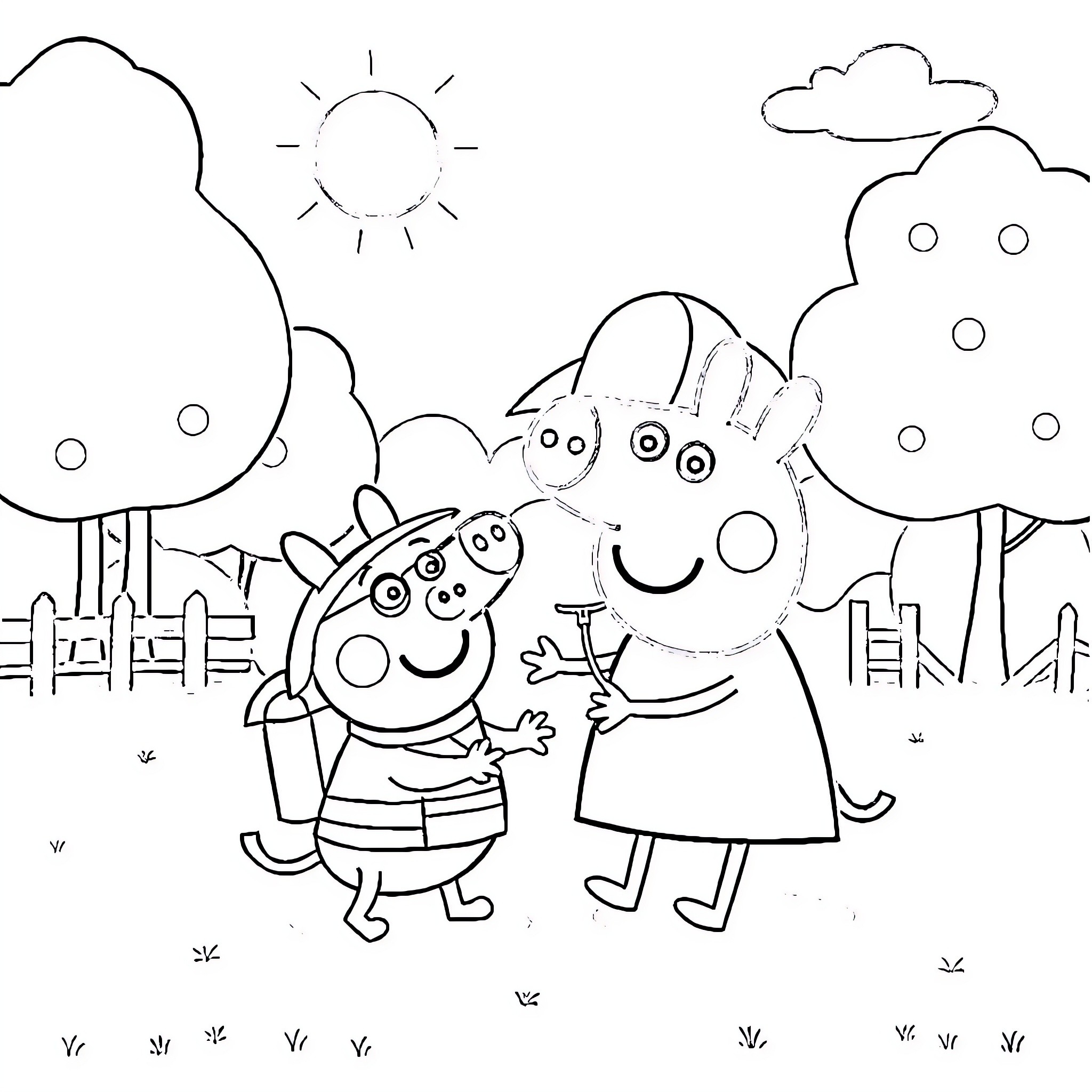 Peppa Pig and friends enjoying nature outdoors Coloring Page (free black-and-white line drawing printable PDF for all, from beginners to advanced learners, including children, teens, adults, and seniors)