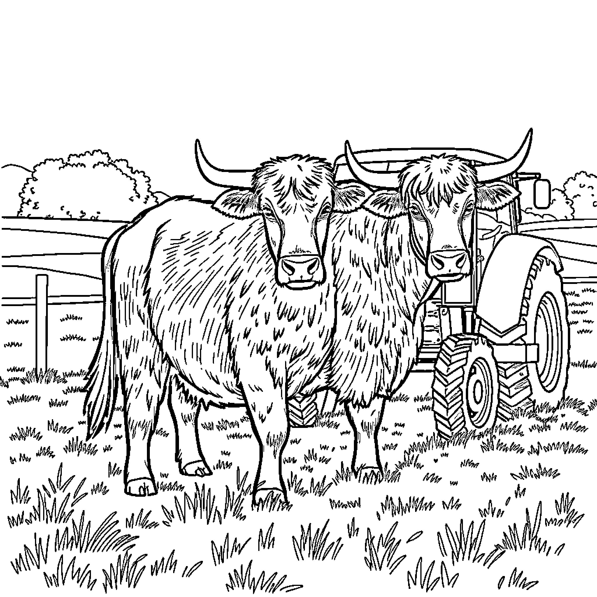 Boeuf with horns grazing in the countryside Coloring Page (free black-and-white line drawing printable PDF for all, from beginners to advanced learners, including children, teens, adults, and seniors)