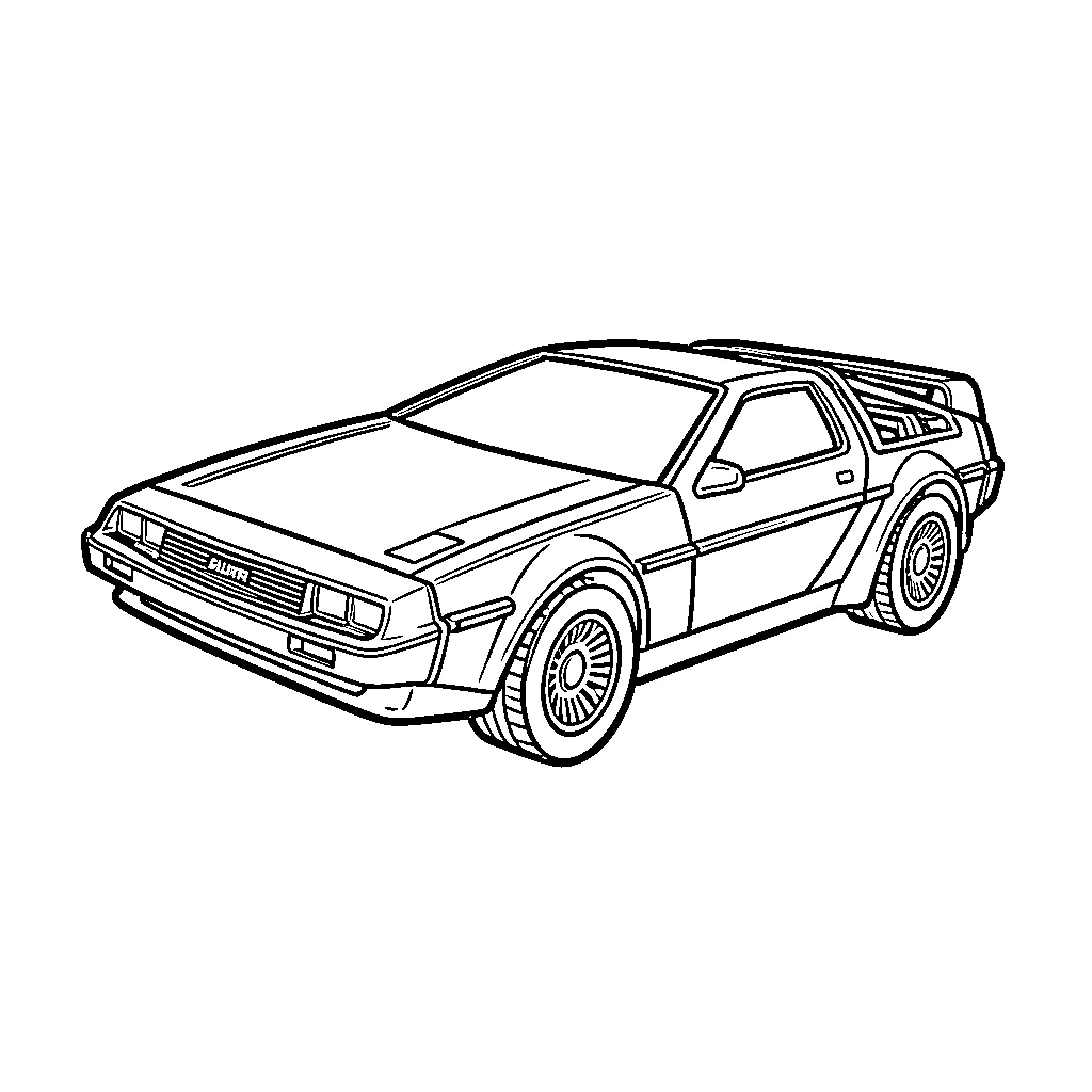 DeLorean parked and viewed from a front angle Coloring Page (free black-and-white line drawing printable PDF for all, from beginners to advanced learners, including children, teens, adults, and seniors)