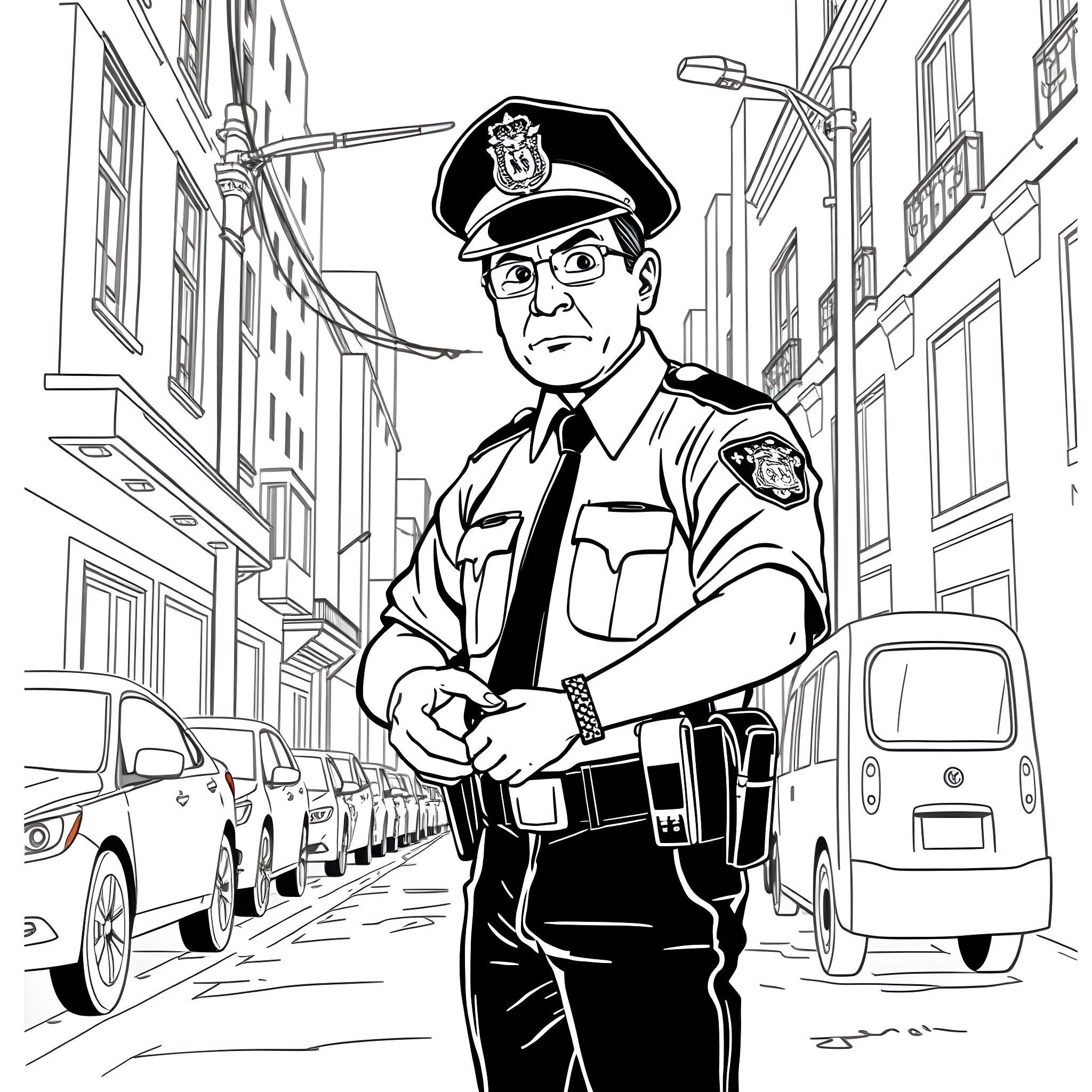 Police Officer Patrolling a City Street Coloring Page (free black-and-white line drawing printable PDF for all, from beginners to advanced learners, including children, teens, adults, and seniors)
