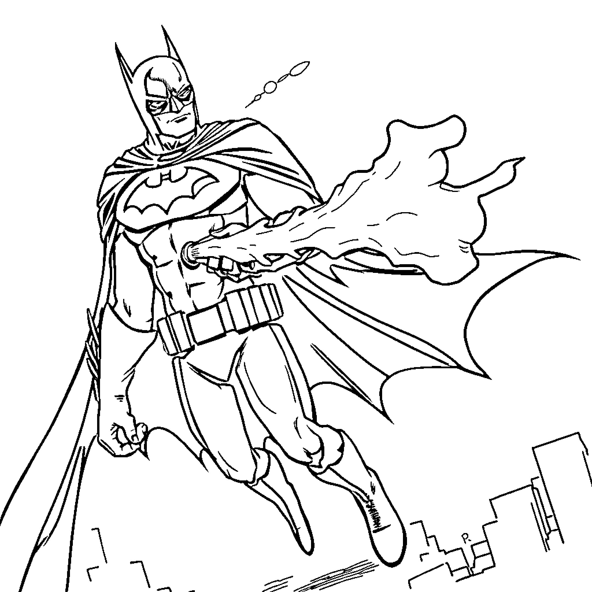 Batman Soaring Through the Cityscape Coloring Page (free black-and-white line drawing printable PDF for all, from beginners to advanced learners, including children, teens, adults, and seniors)