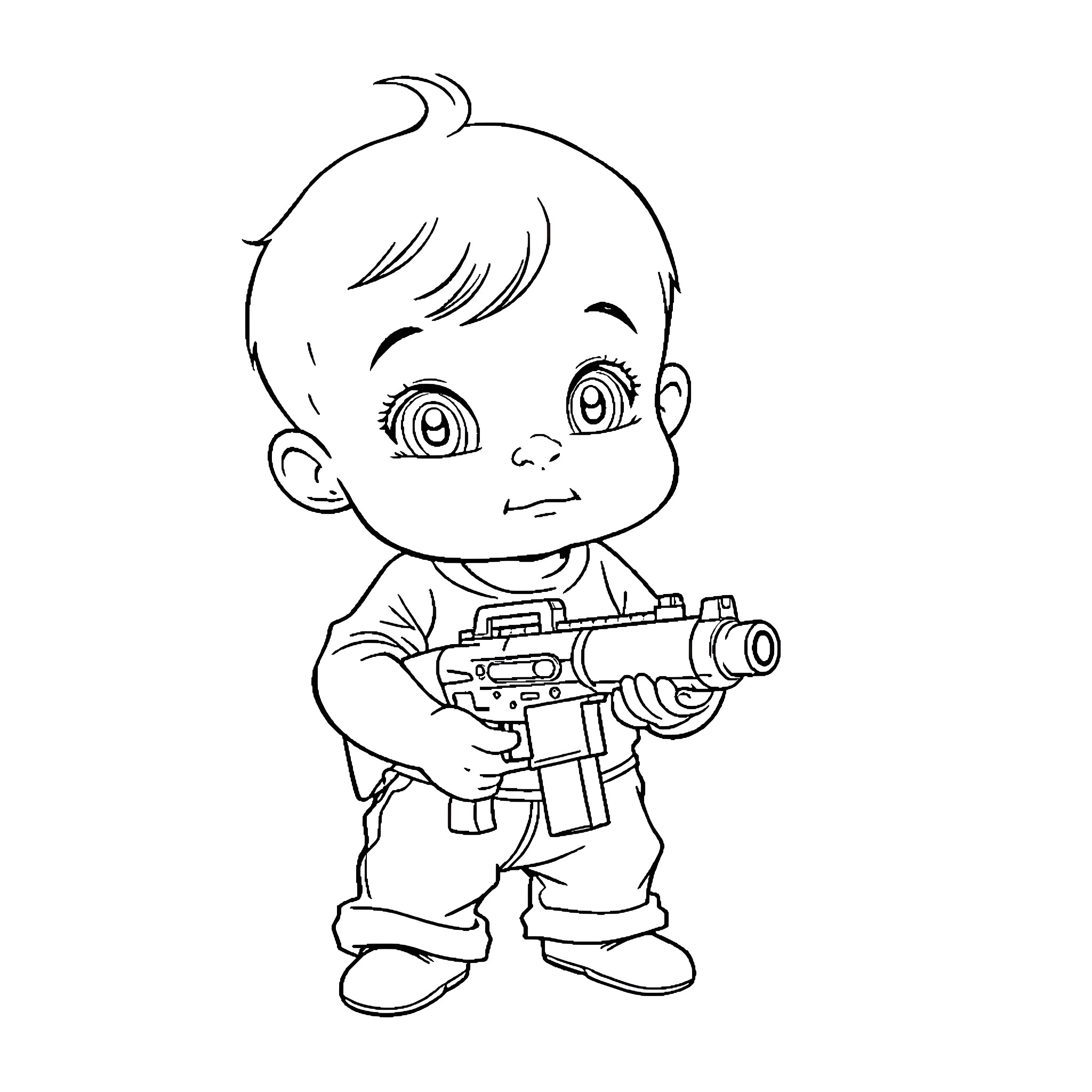 Baby playing with toy gun Coloring Page (free black-and-white line drawing printable PDF for all, from beginners to advanced learners, including children, teens, adults, and seniors)