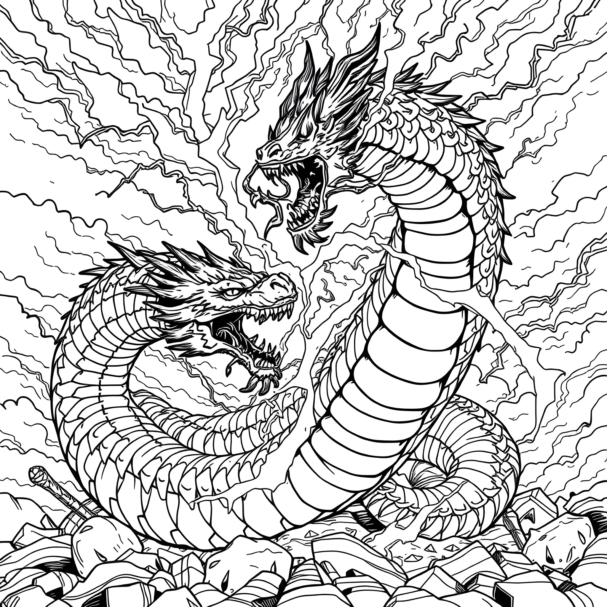 Uktena: Mythical Serpent Deities in Dramatic Battle Coloring Page (free black-and-white line drawing printable PDF for all, from beginners to advanced learners, including children, teens, adults, and seniors)