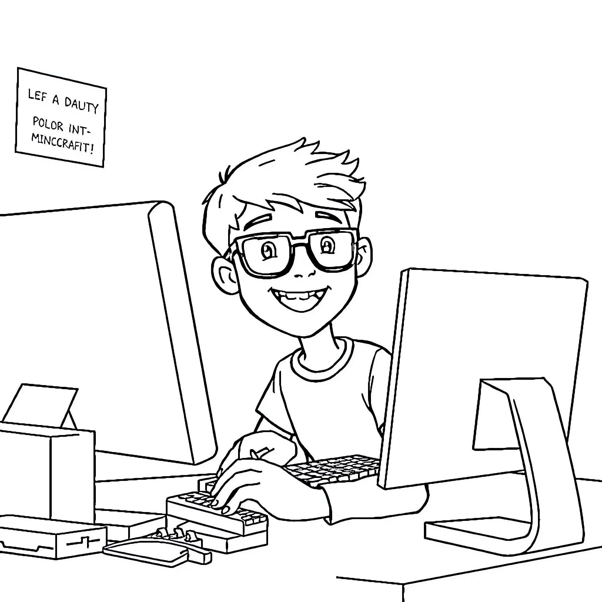 Boy enthusiastically working on computer in classroom Coloring Page (free black-and-white line drawing printable PDF for all, from beginners to advanced learners, including children, teens, adults, and seniors)
