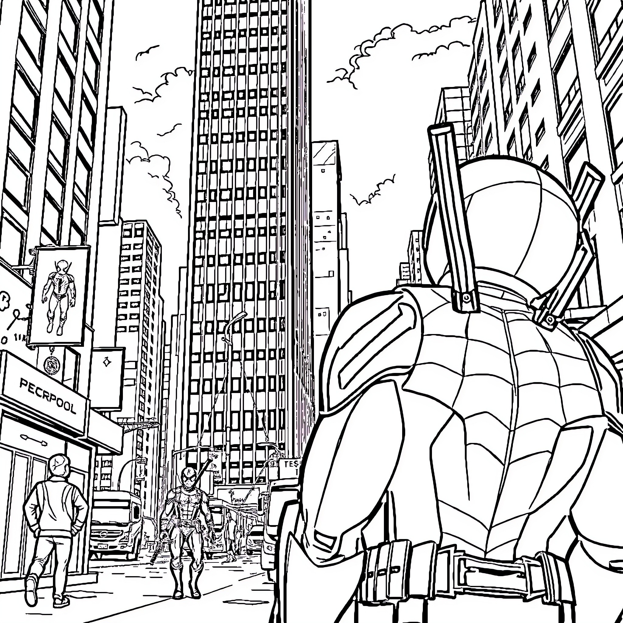 Spiderman saves the city from danger Coloring Page (free black-and-white line drawing printable PDF for all, from beginners to advanced learners, including children, teens, adults, and seniors)