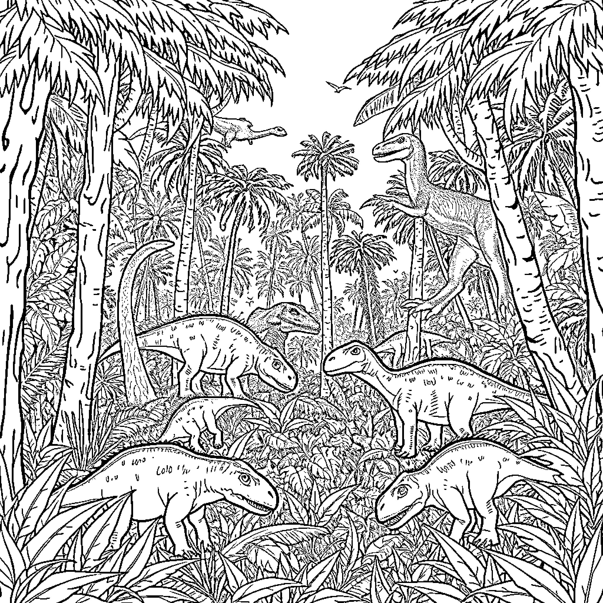 Dinosaurs roaming lush prehistoric landscape Coloring Page (free black-and-white line drawing printable PDF for all, from beginners to advanced learners, including children, teens, adults, and seniors)