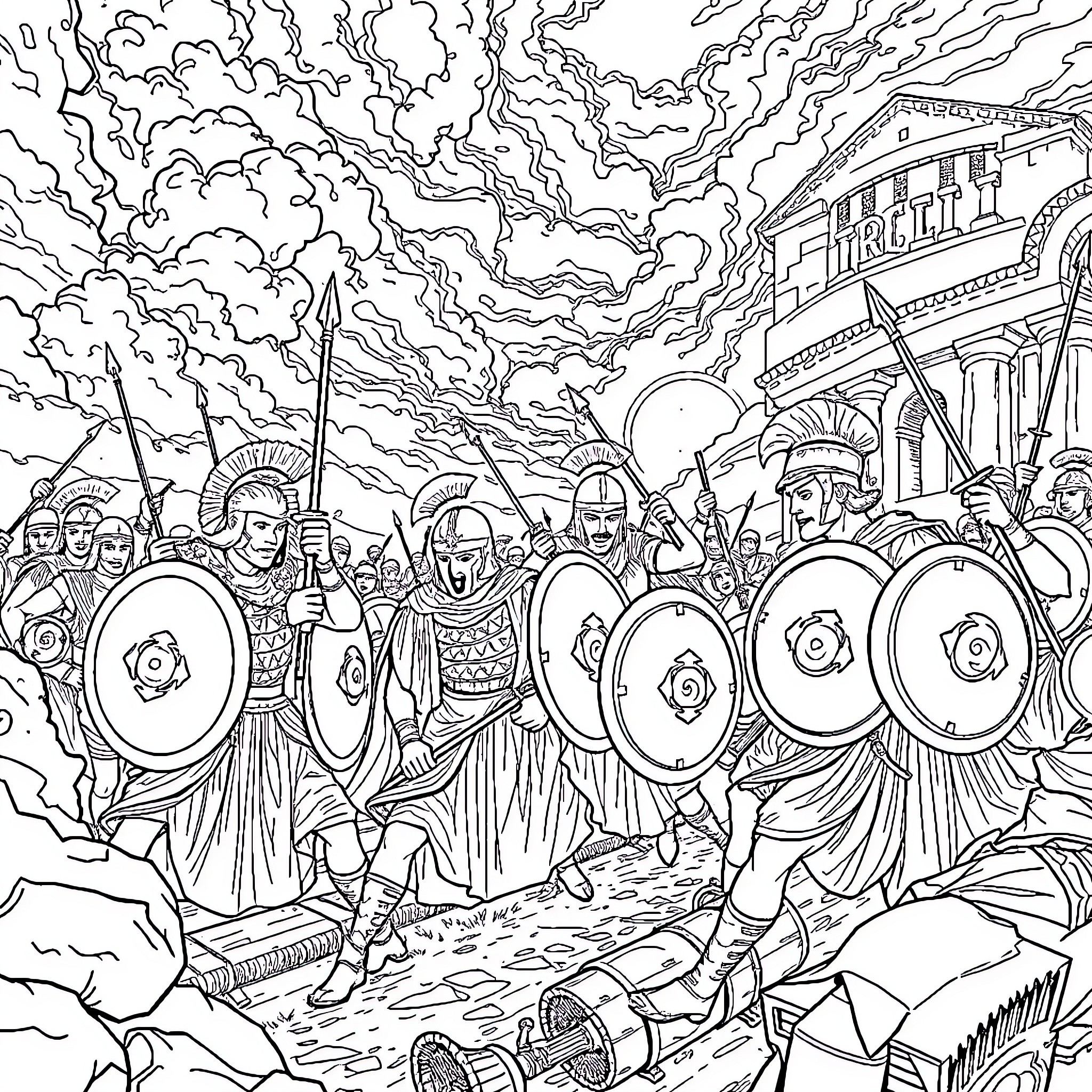 Iliad: Epic Battle of Ancient Warriors in Armor Coloring Page (free black-and-white line drawing printable PDF for all, from beginners to advanced learners, including children, teens, adults, and seniors)