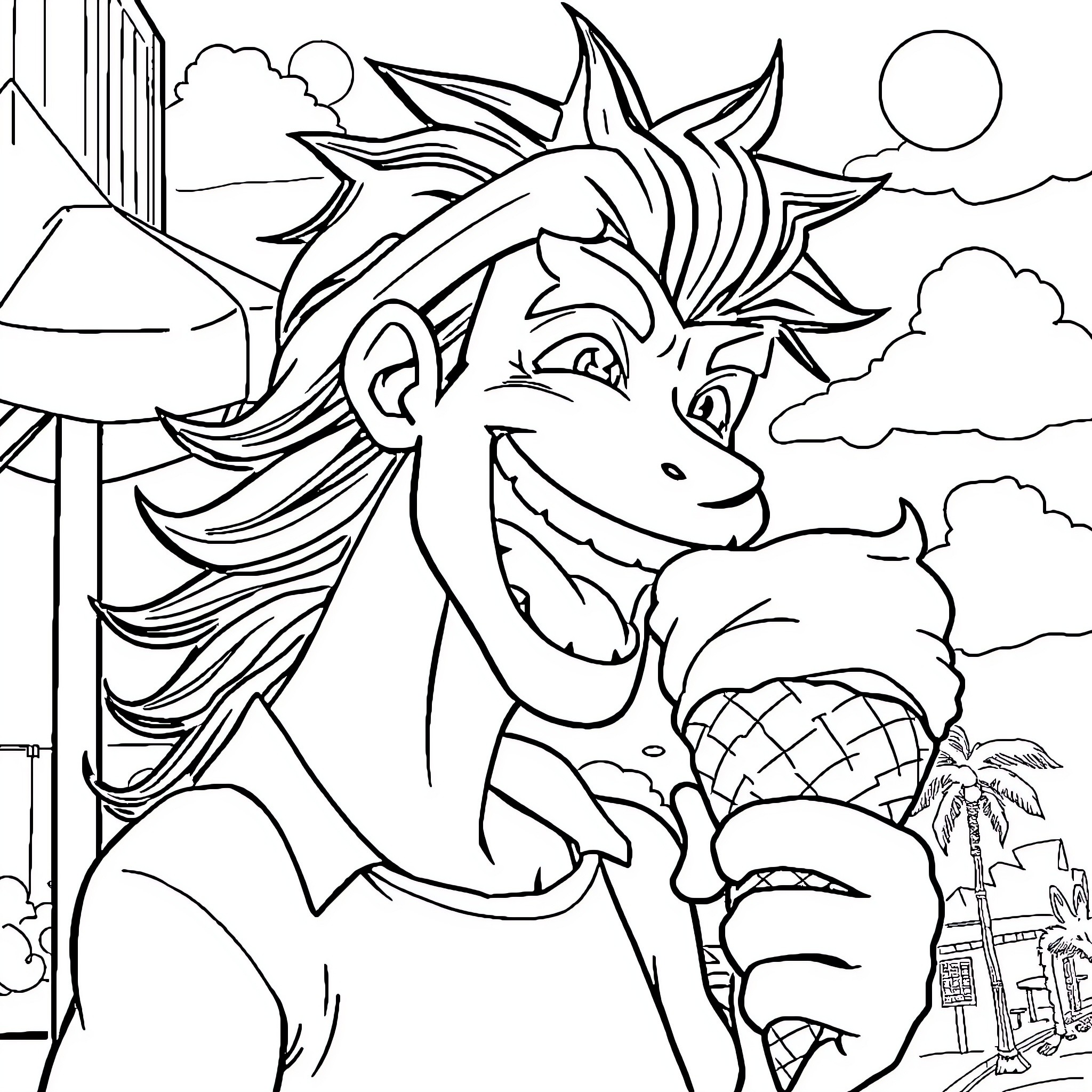 Zoro's Fantastic Adventure in the Tropical Landscape Coloring Page (free black-and-white line drawing printable PDF for all, from beginners to advanced learners, including children, teens, adults, and seniors)