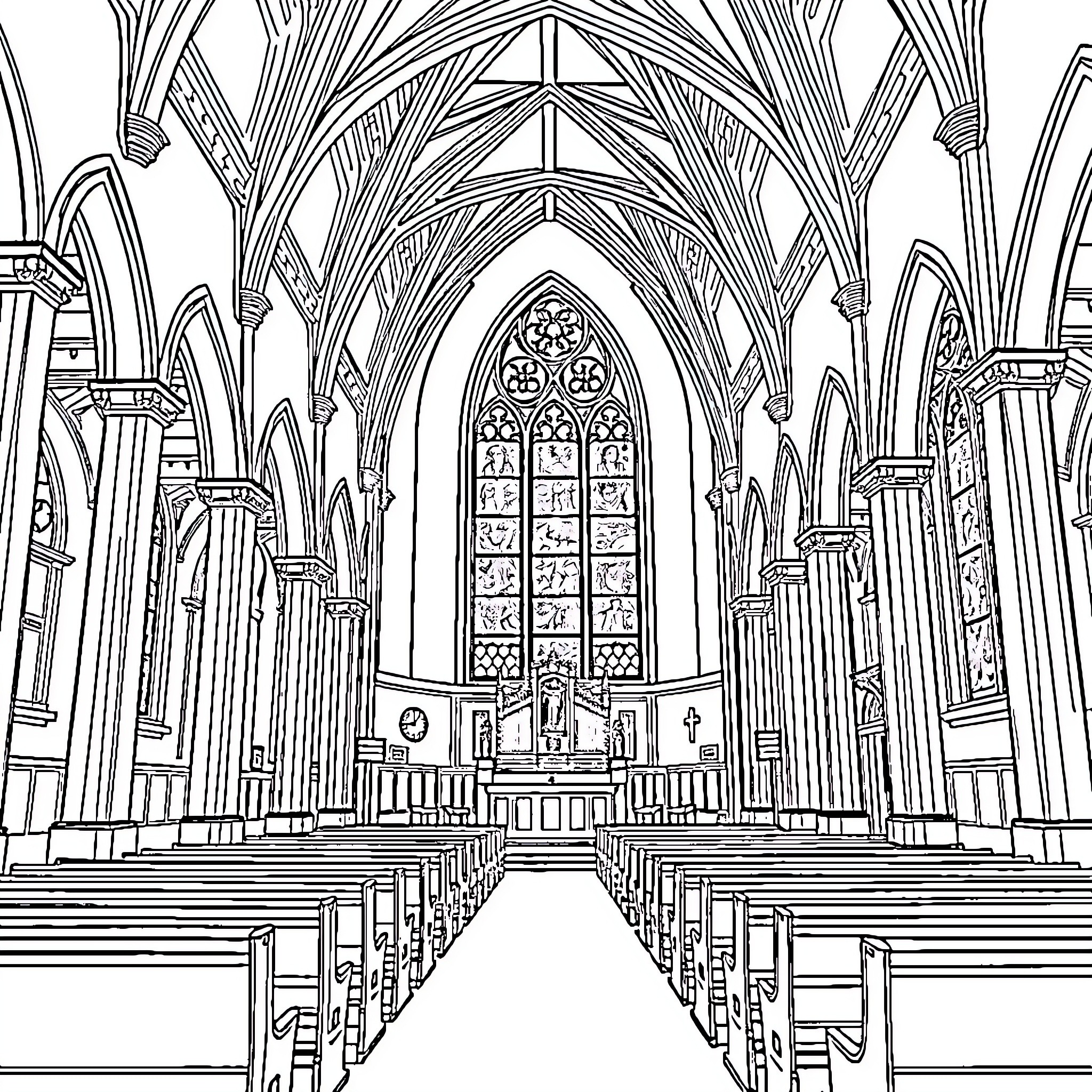 Église of ornate Gothic architecture and stained glass Coloring Page (free black-and-white line drawing printable PDF for all, from beginners to advanced learners, including children, teens, adults, and seniors)