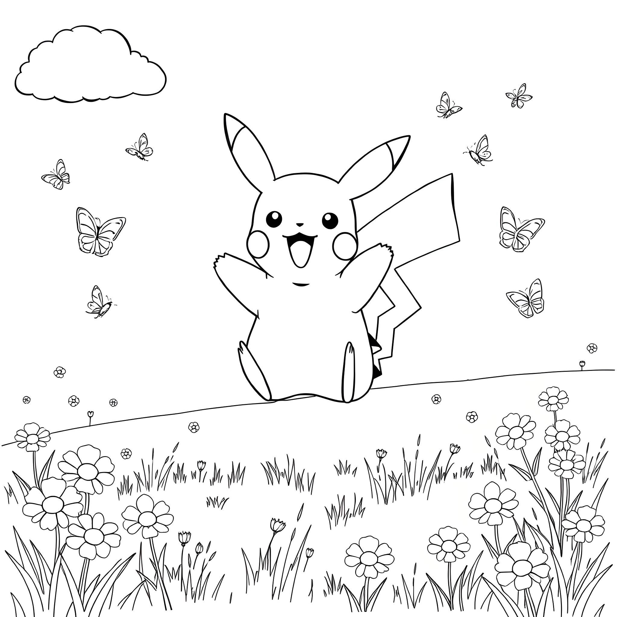 Pikachu playing happily in a meadow with butterflies Coloring Page (free black-and-white line drawing printable PDF for all, from beginners to advanced learners, including children, teens, adults, and seniors)