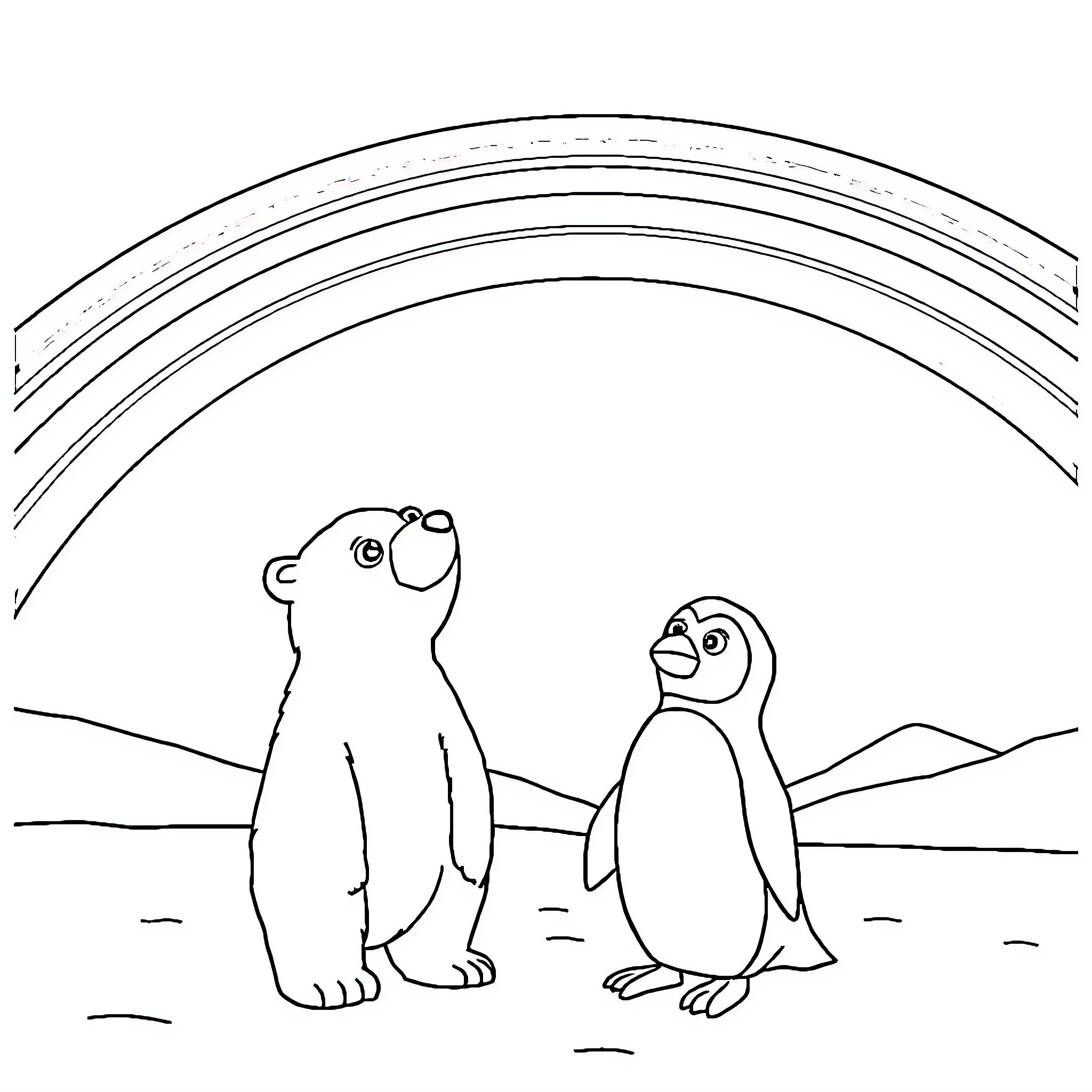 Polar Bear and Penguin in Snowy Landscape Coloring Page (free black-and-white line drawing printable PDF for all, from beginners to advanced learners, including children, teens, adults, and seniors)