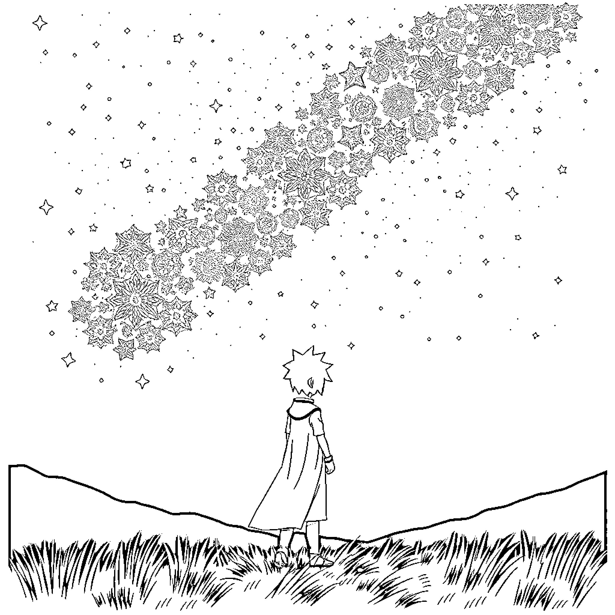 Ichigo's Starry Stroll Through the Meadow Coloring Page (free black-and-white line drawing printable PDF for all, from beginners to advanced learners, including children, teens, adults, and seniors)