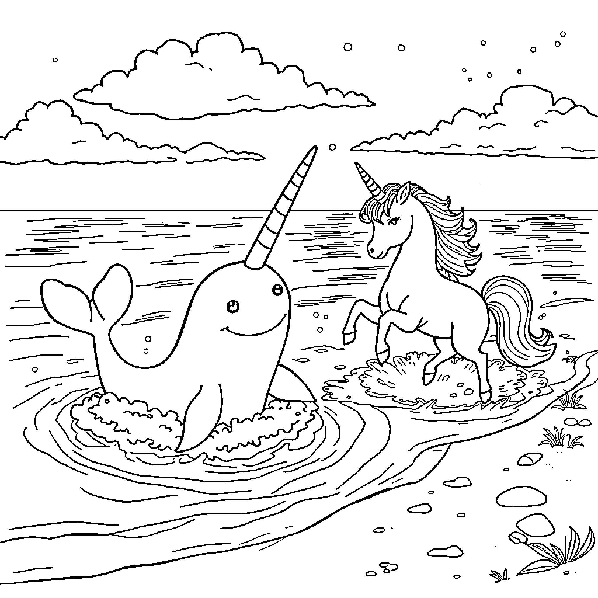 Narwhal and unicorn playing in the ocean Coloring Page (free black-and-white line drawing printable PDF for all, from beginners to advanced learners, including children, teens, adults, and seniors)