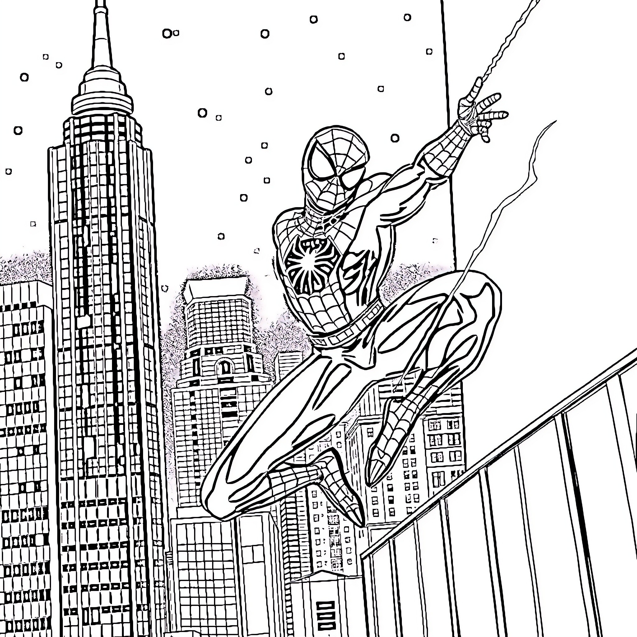 Spiderman swinging through snowy cityscapes Coloring Page (free black-and-white line drawing printable PDF for all, from beginners to advanced learners, including children, teens, adults, and seniors)