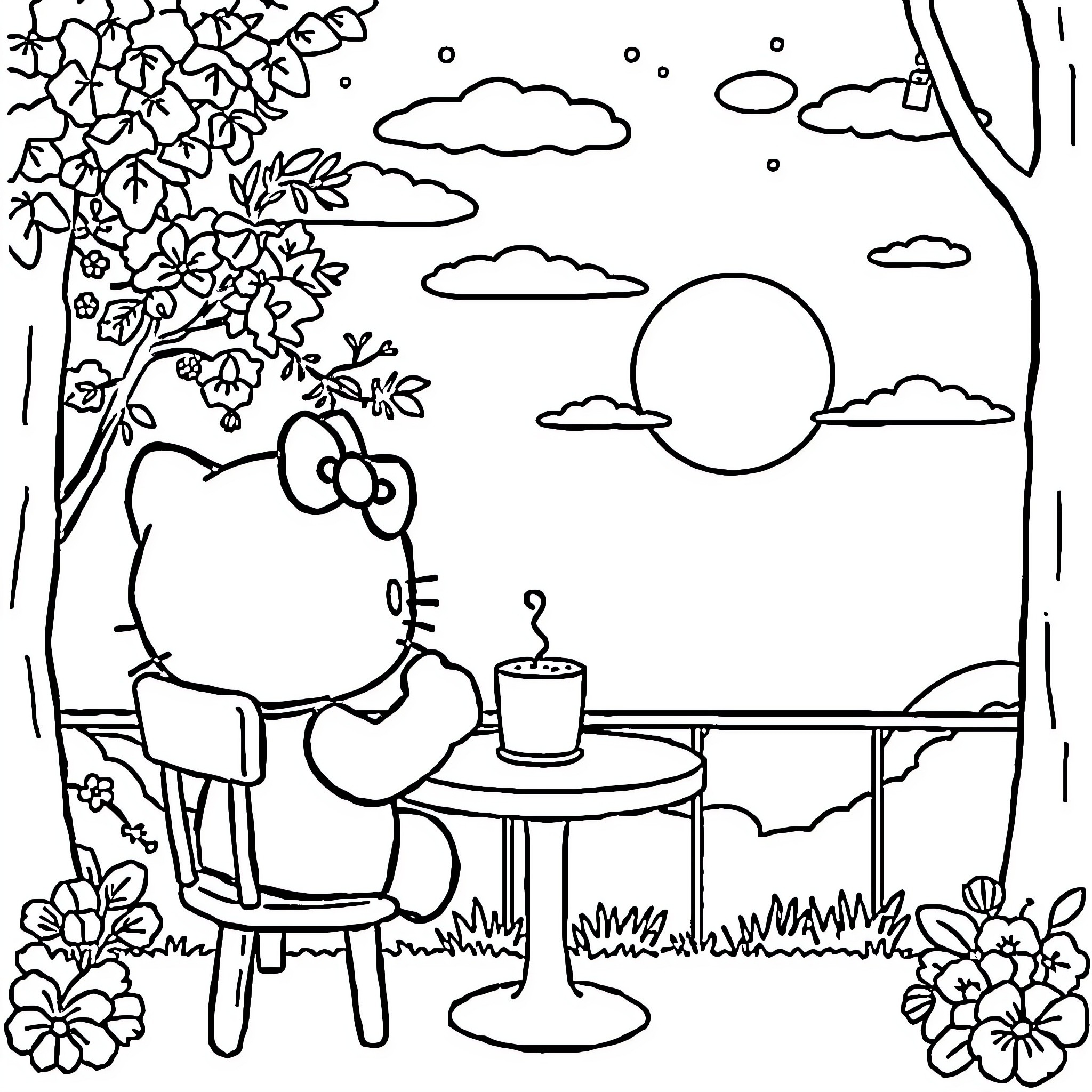 Hello Kitty enjoys a peaceful outdoor picnic Coloring Page (free black-and-white line drawing printable PDF for all, from beginners to advanced learners, including children, teens, adults, and seniors)
