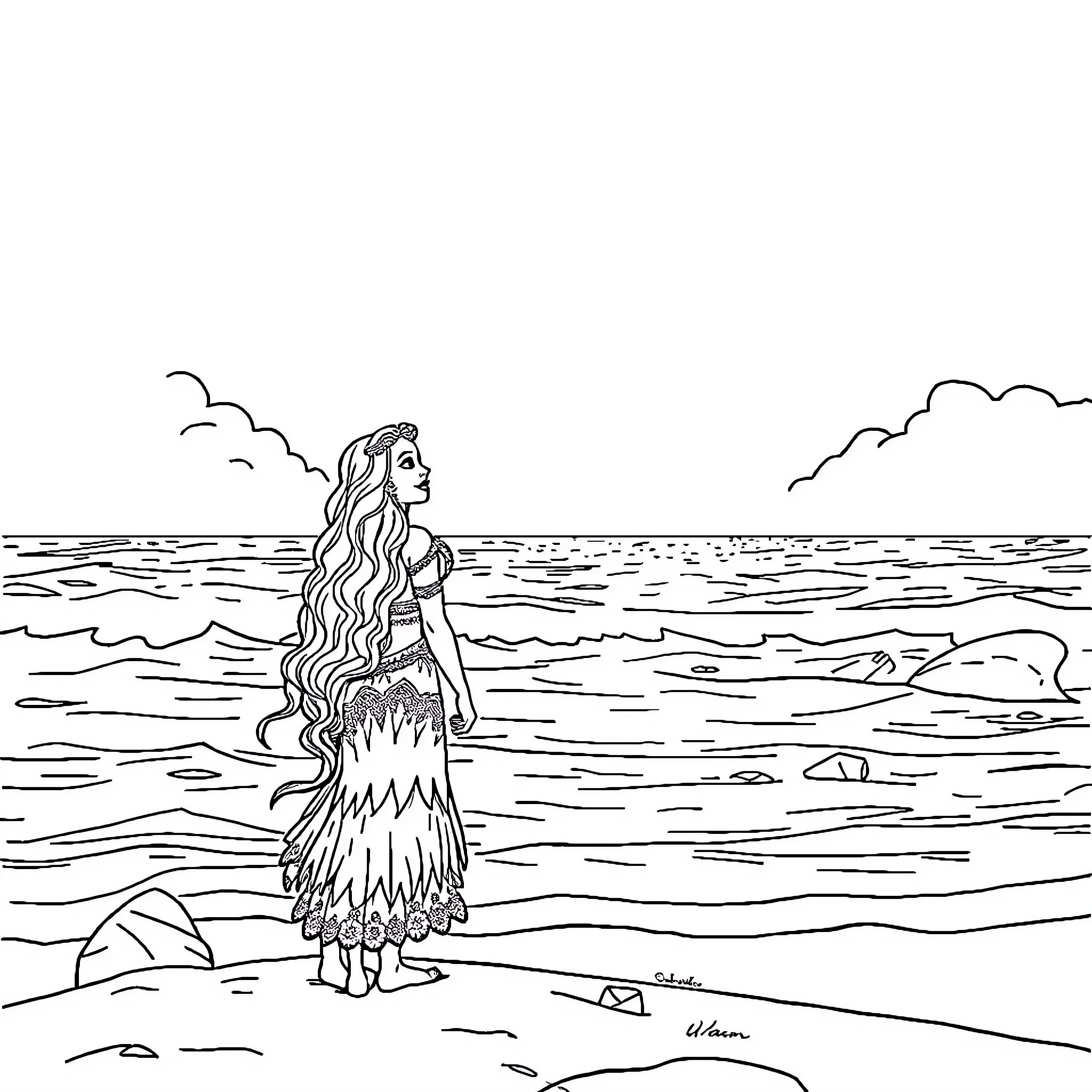 Vaiana exploring the vast ocean landscape Coloring Page (free black-and-white line drawing printable PDF for all, from beginners to advanced learners, including children, teens, adults, and seniors)