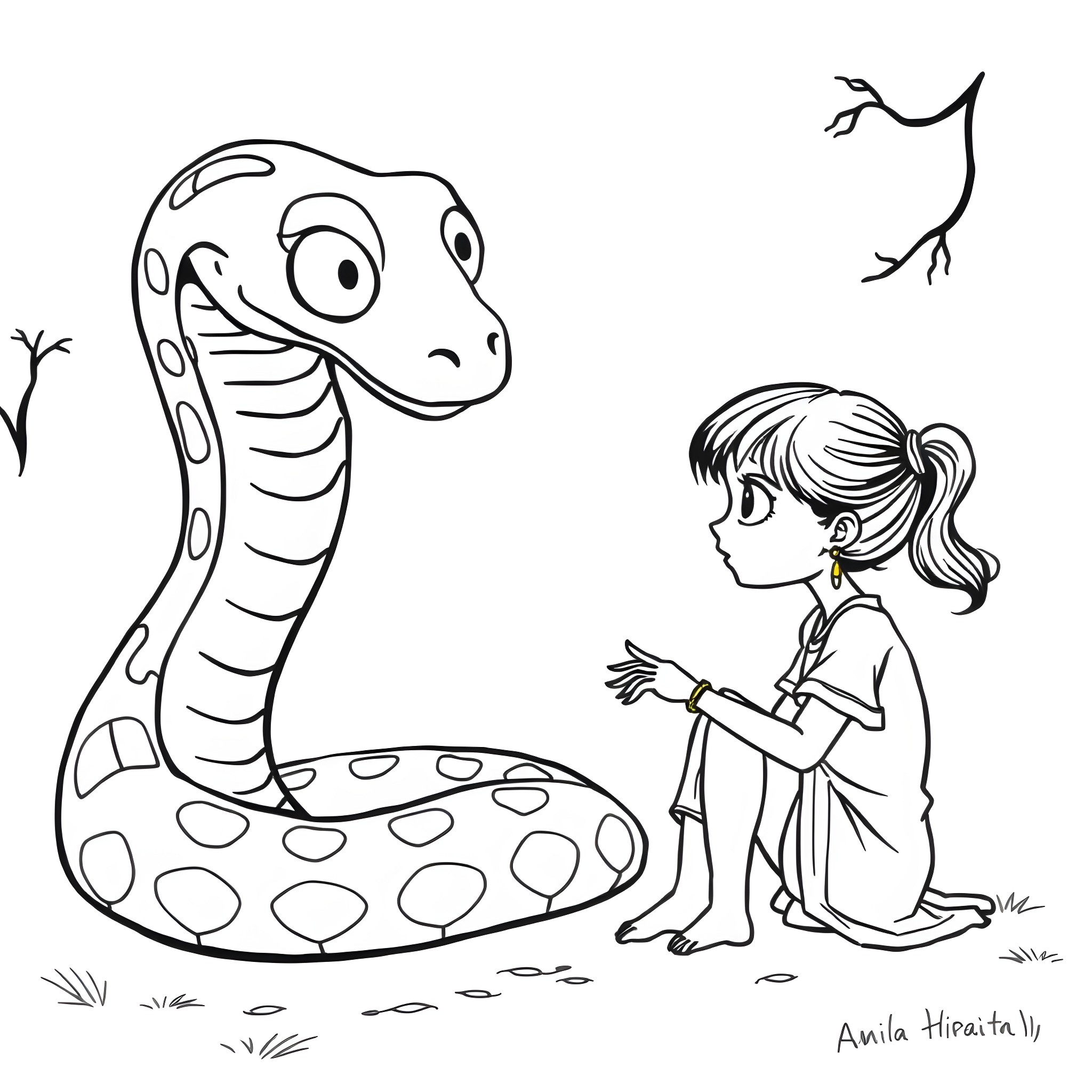 Kaa the snake meeting a young girl in nature Coloring Page (free black-and-white line drawing printable PDF for all, from beginners to advanced learners, including children, teens, adults, and seniors)