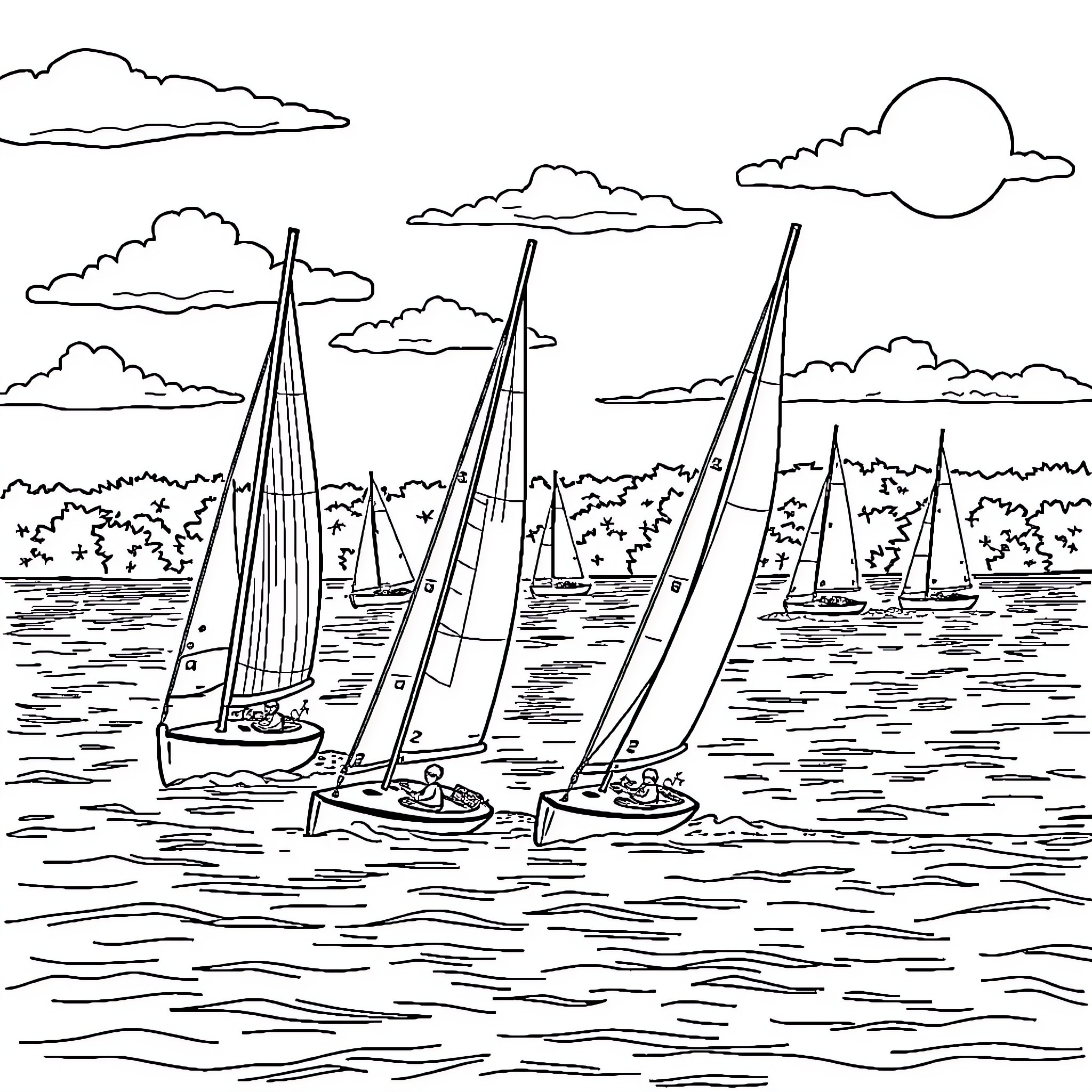 Sailboat racing on the open waters Coloring Page (free black-and-white line drawing printable PDF for all, from beginners to advanced learners, including children, teens, adults, and seniors)