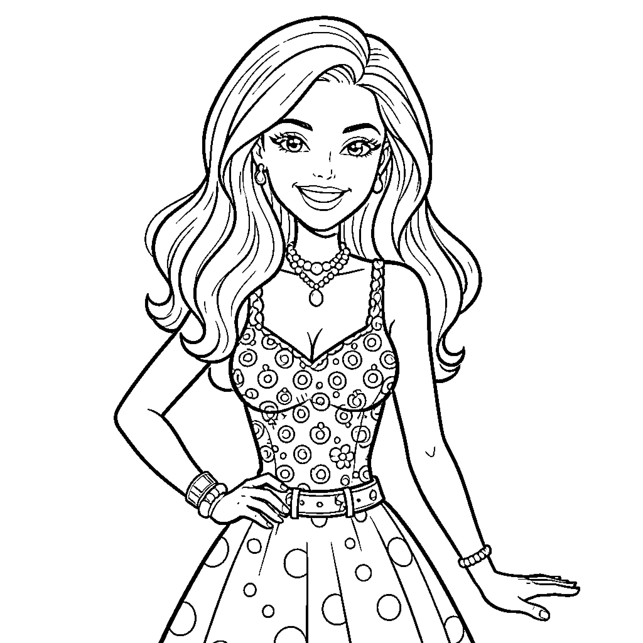 Barbie posing in a stylish polka dot dress Coloring Page (free black-and-white line drawing printable PDF for all, from beginners to advanced learners, including children, teens, adults, and seniors)