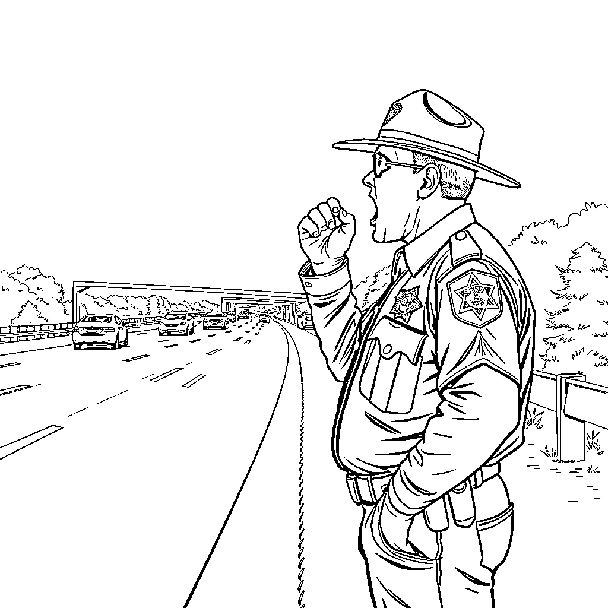 Trooper directing traffic on a highway Coloring Page (free black-and-white line drawing printable PDF for all, from beginners to advanced learners, including children, teens, adults, and seniors)