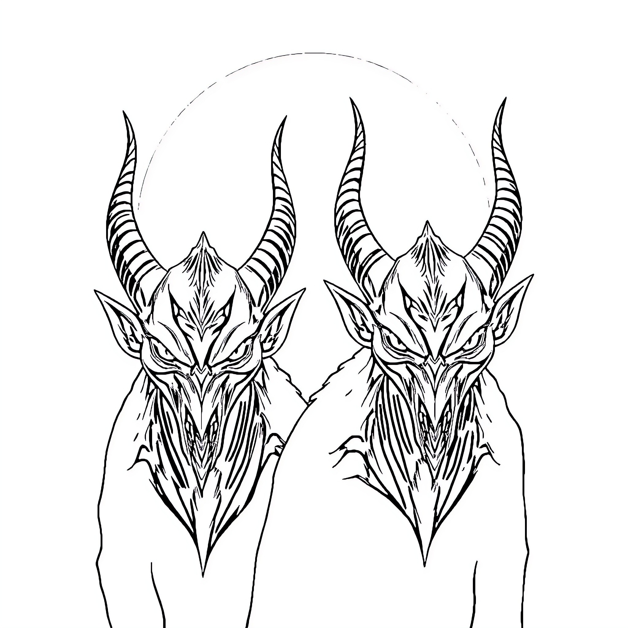 Demon Warrior Figures in Battle Stance Coloring Page (free black-and-white line drawing printable PDF for all, from beginners to advanced learners, including children, teens, adults, and seniors)
