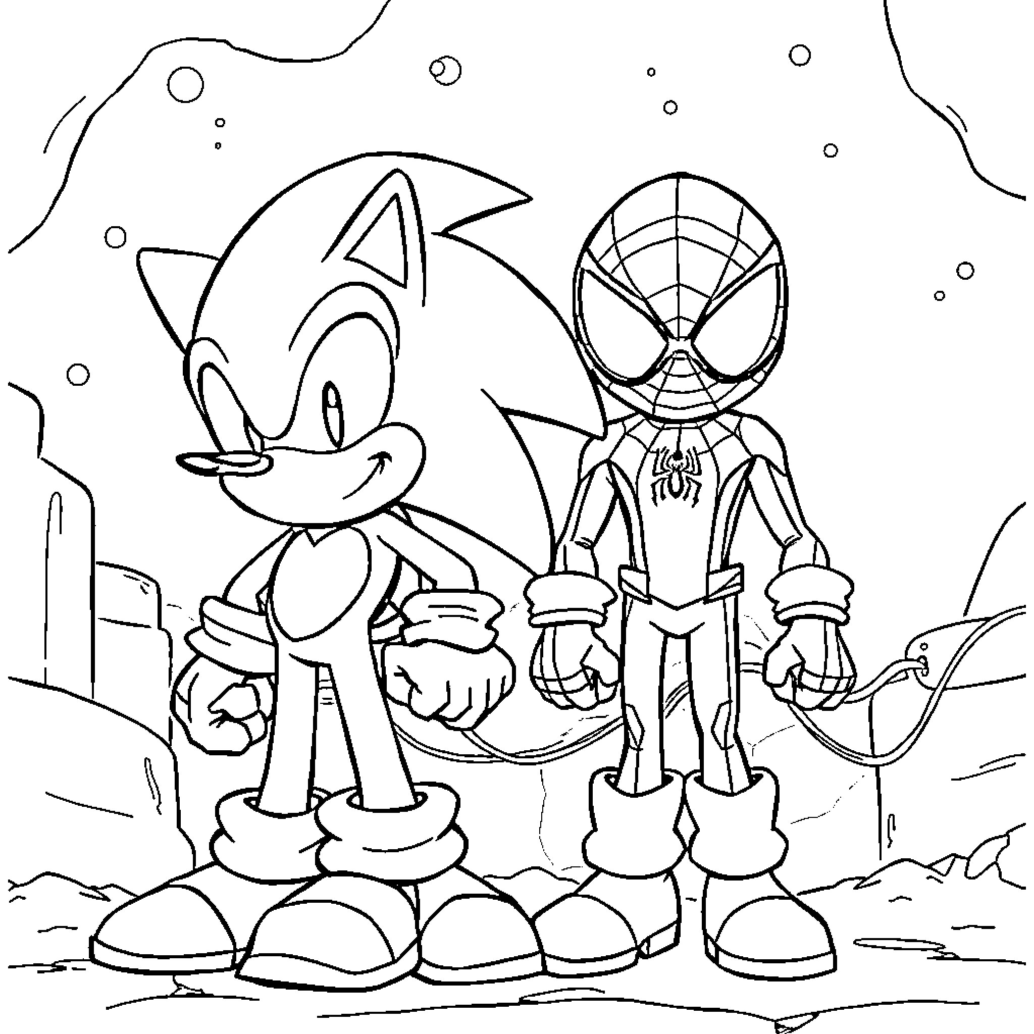 Sonic and Spiderman in an adventurous pose Coloring Page (free black-and-white line drawing printable PDF for all, from beginners to advanced learners, including children, teens, adults, and seniors)
