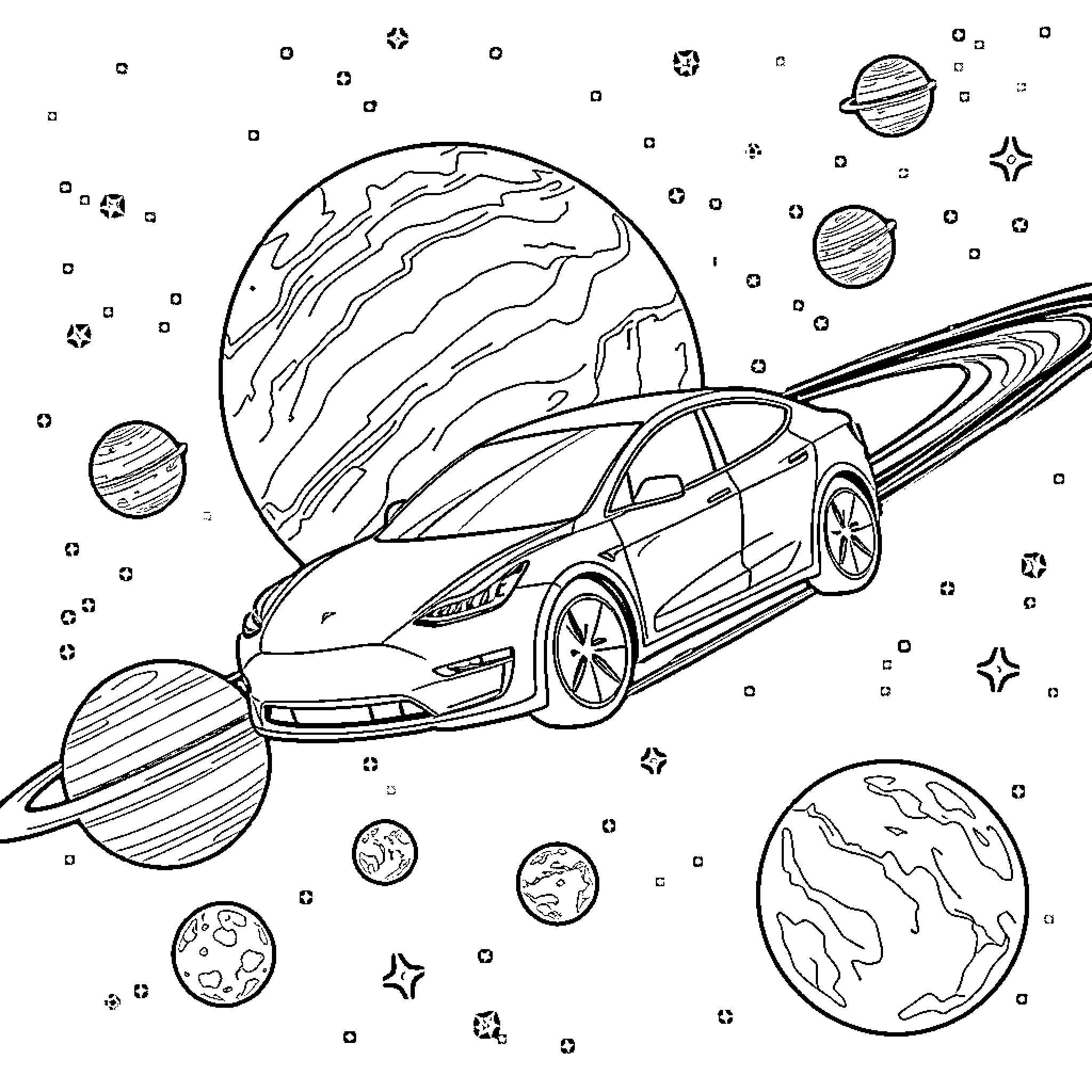Tesla floating car in cosmic space Coloring Page (free black-and-white line drawing printable PDF for all, from beginners to advanced learners, including children, teens, adults, and seniors)