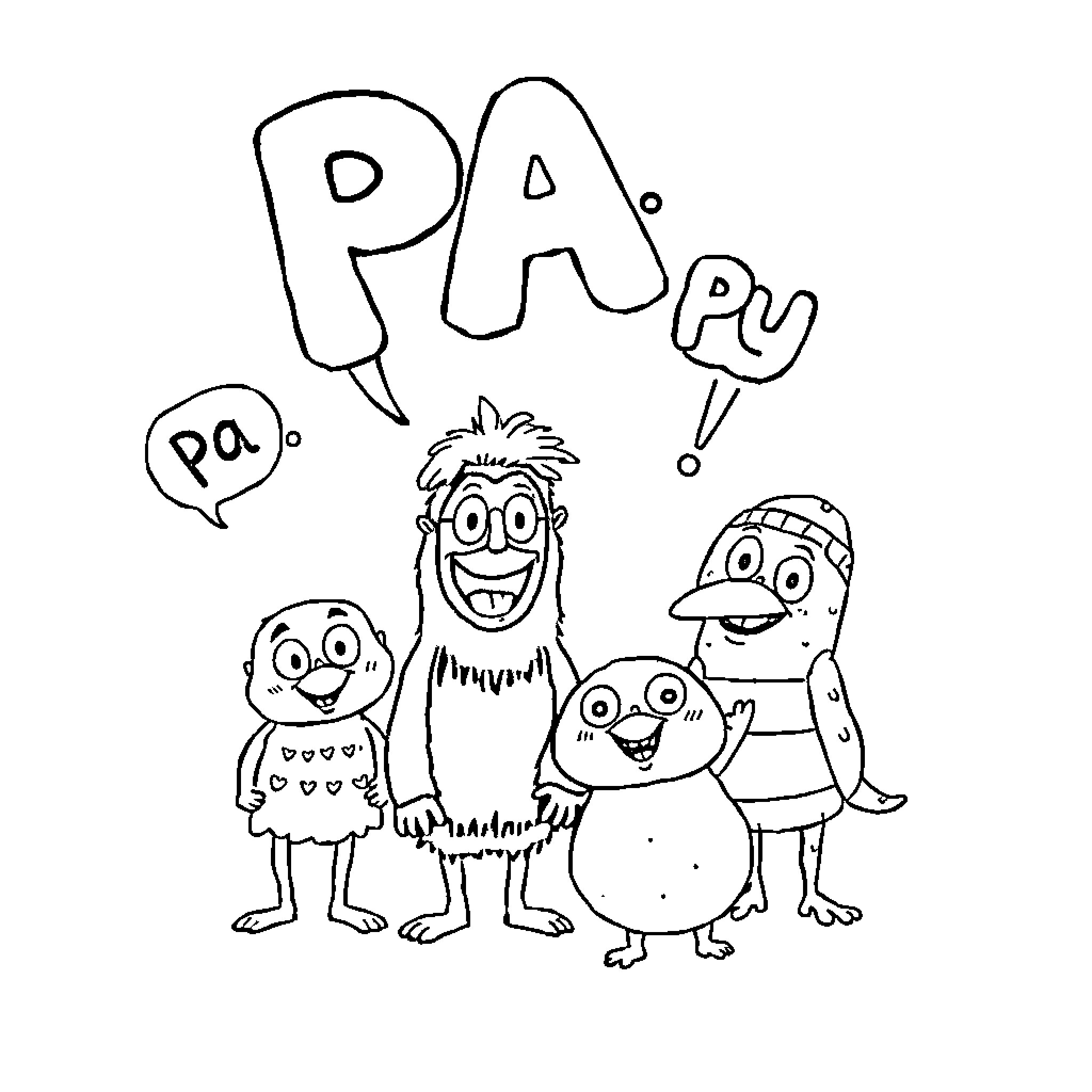 Playful Pals Partying Happily Coloring Page (free black-and-white line drawing printable PDF for all, from beginners to advanced learners, including children, teens, adults, and seniors)