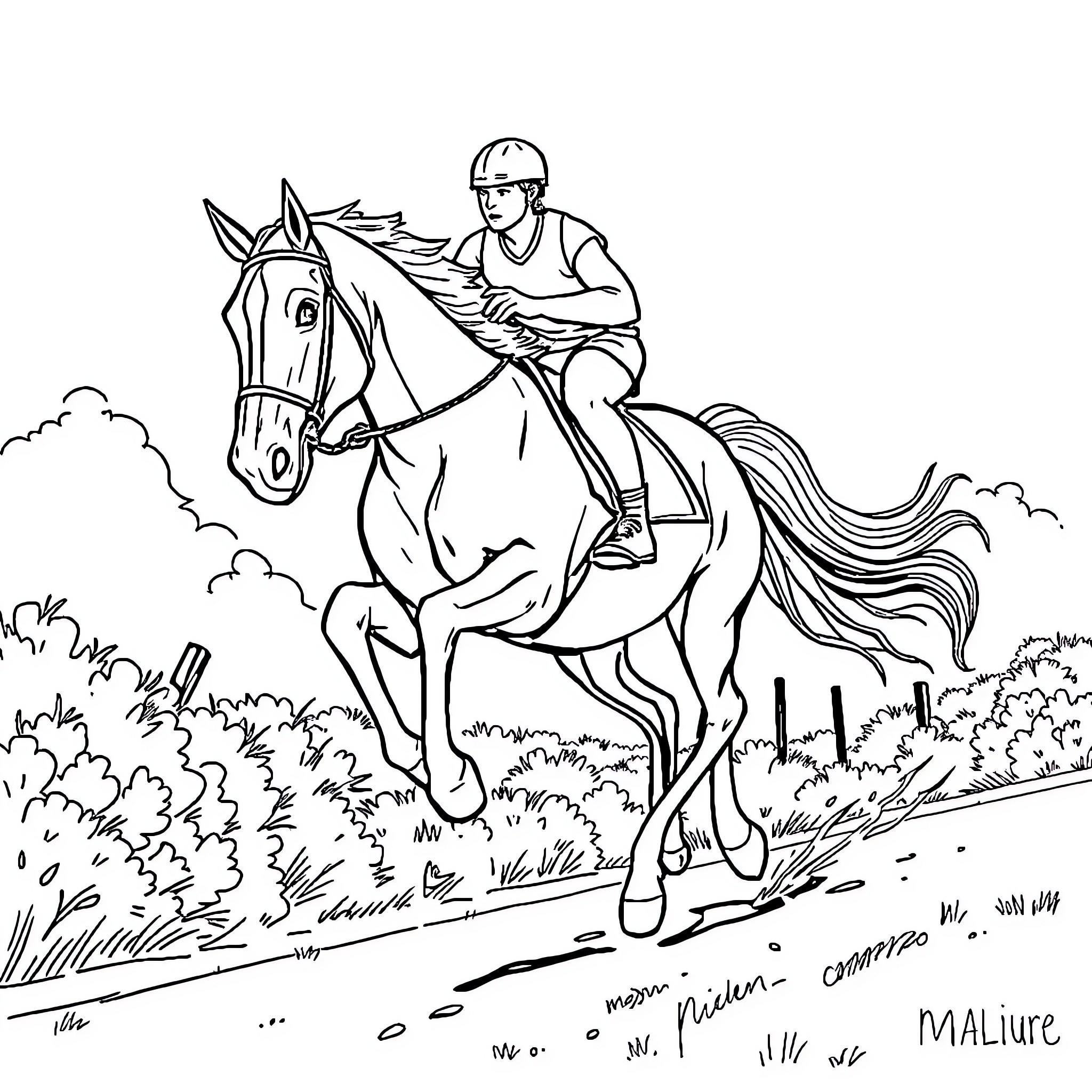 Athlete riding a horse through the countryside Coloring Page (free black-and-white line drawing printable PDF for all, from beginners to advanced learners, including children, teens, adults, and seniors)