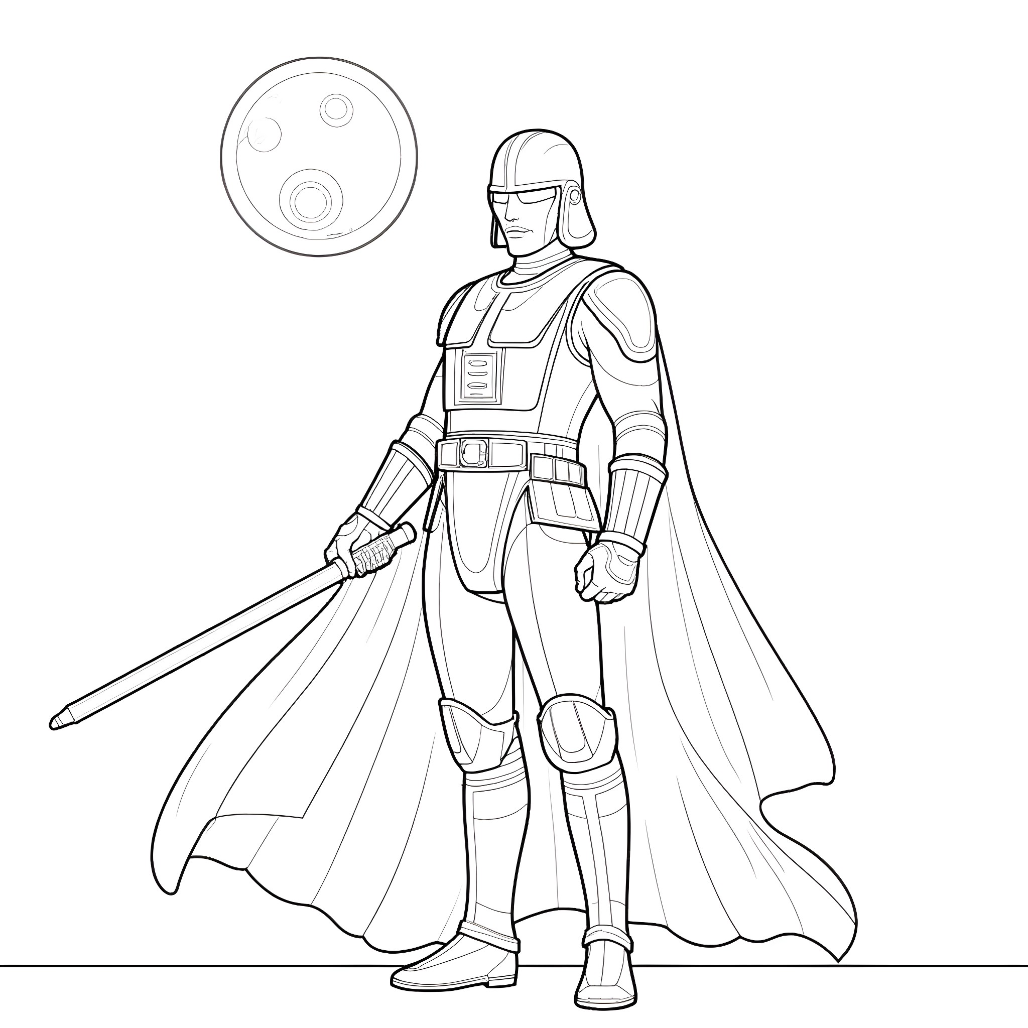 Jedi Knight in Heroic Pose with Lightsaber Coloring Page (free black-and-white line drawing printable PDF for all, from beginners to advanced learners, including children, teens, adults, and seniors)
