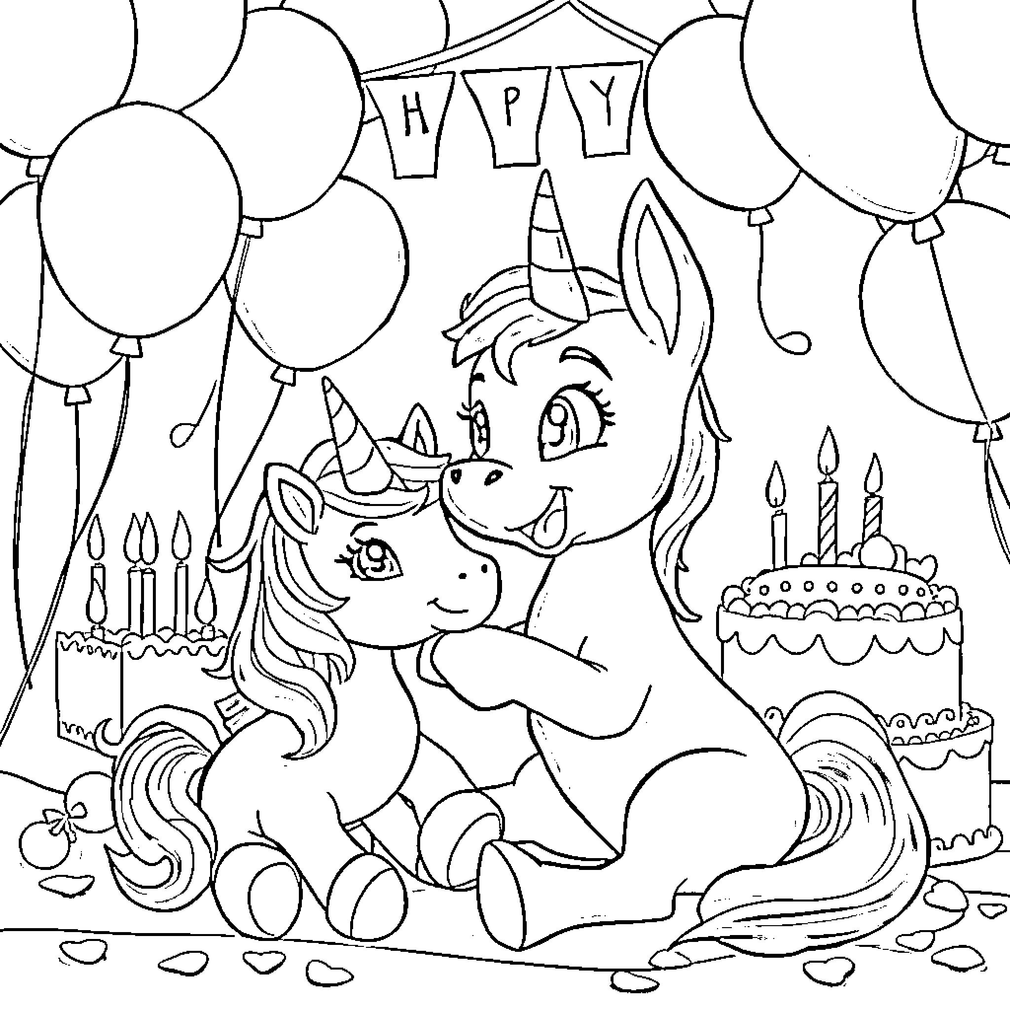 Bluey Celebrates a Happy Birthday with Unicorns and Balloons Coloring Page (free black-and-white line drawing printable PDF for all, from beginners to advanced learners, including children, teens, adults, and seniors)