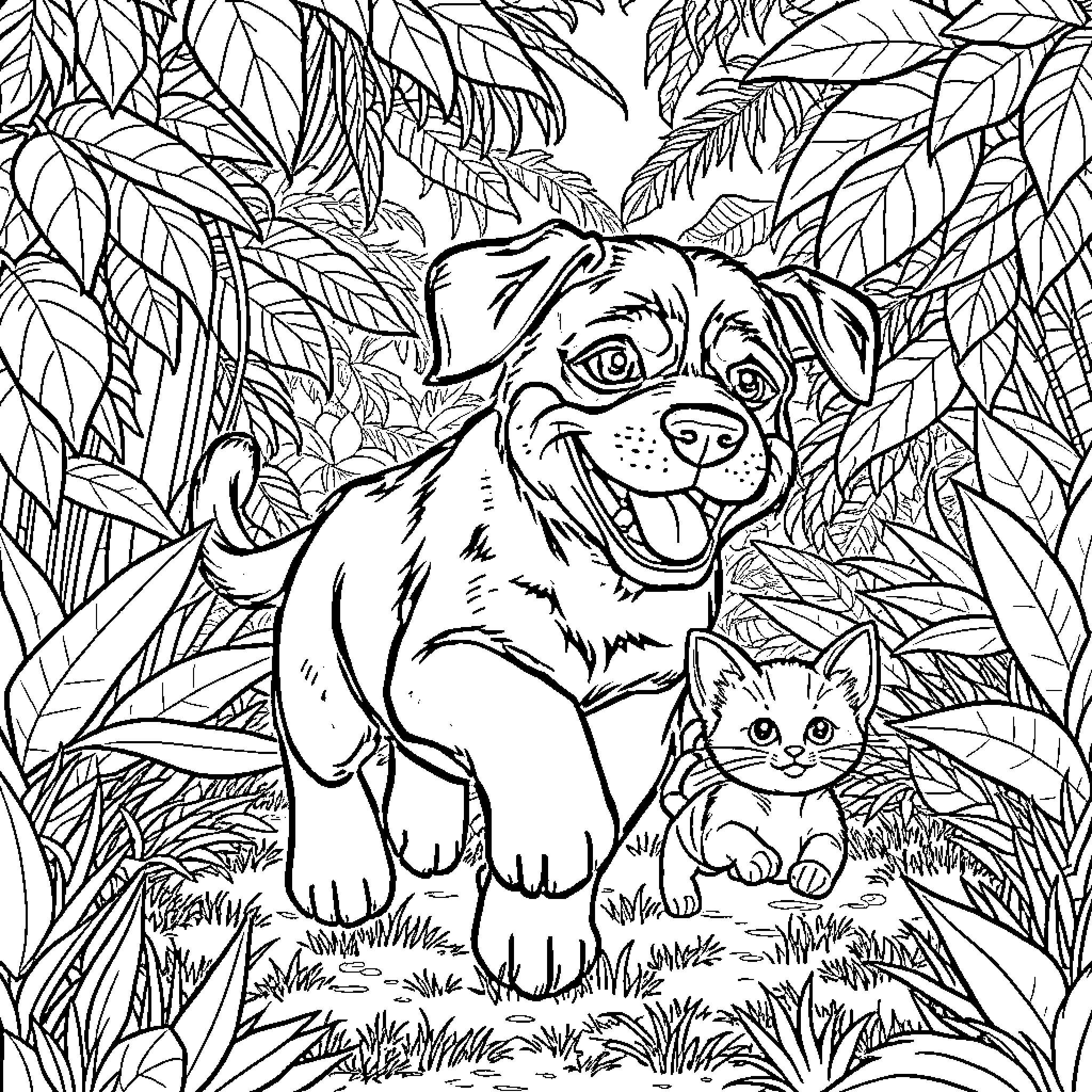 Rottweiler and Kitten in Lush Foliage Coloring Page (free black-and-white line drawing printable PDF for all, from beginners to advanced learners, including children, teens, adults, and seniors)
