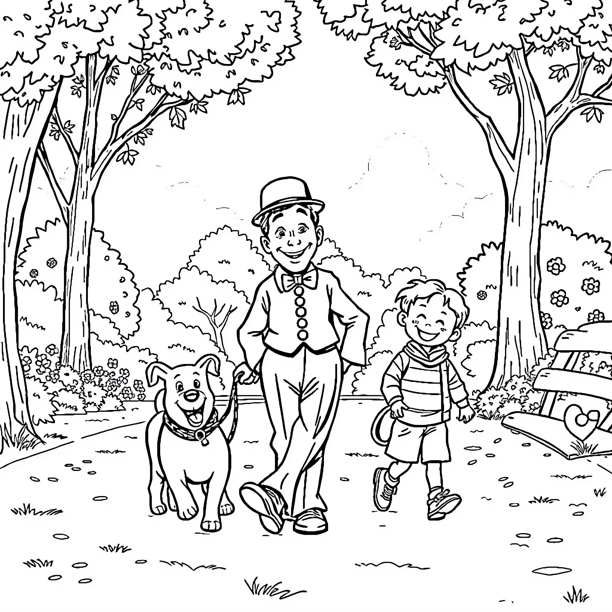 Charlie Chaplin's Whimsical Stroll with Companion Coloring Page (free black-and-white line drawing printable PDF for all, from beginners to advanced learners, including children, teens, adults, and seniors)