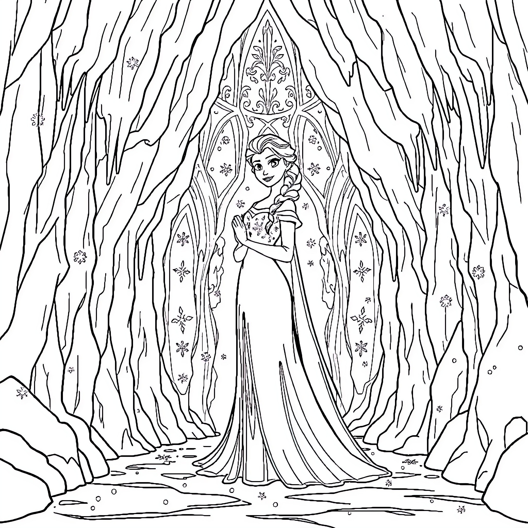 Queen Elsa in a magical winter wonderland Coloring Page (free black-and-white line drawing printable PDF for all, from beginners to advanced learners, including children, teens, adults, and seniors)